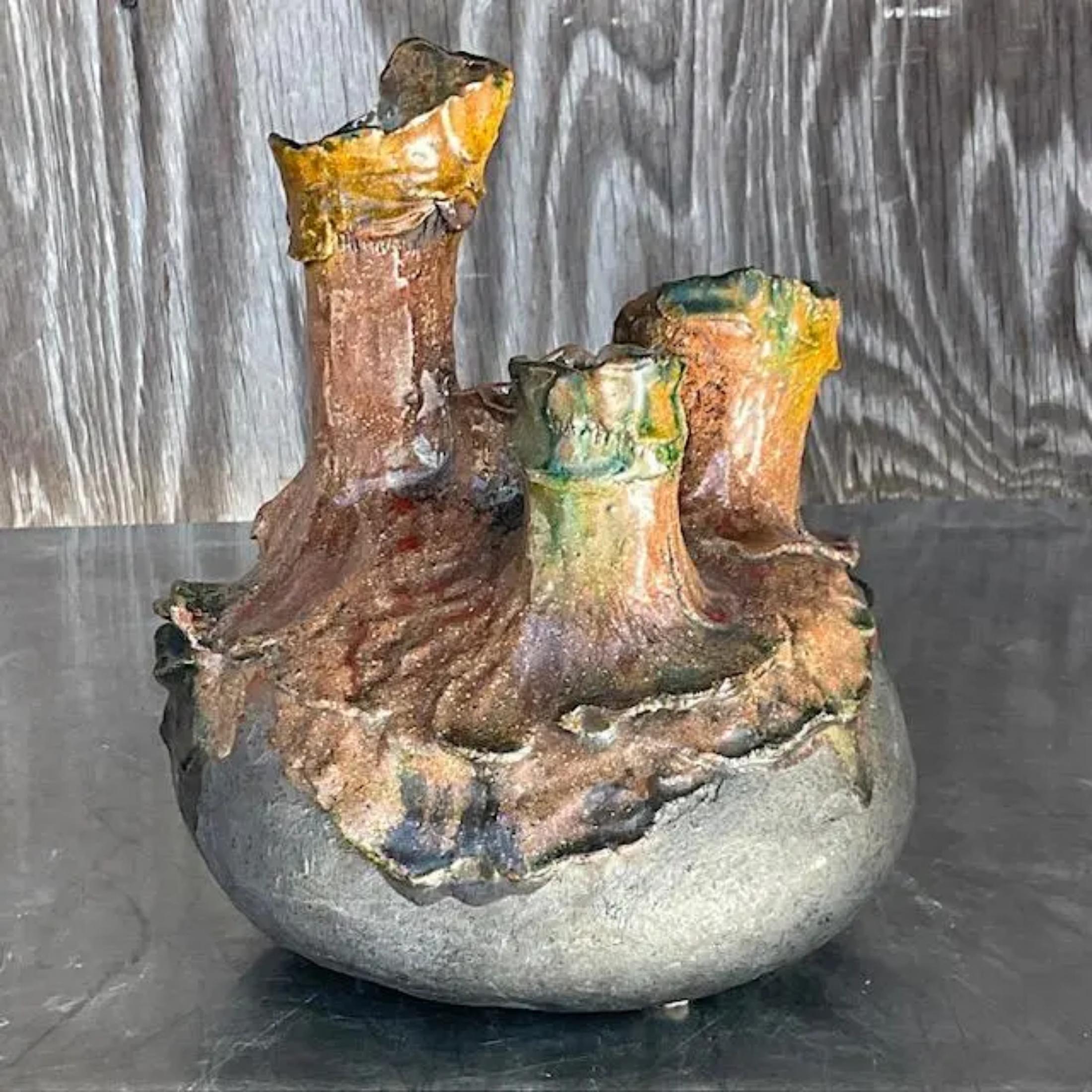 Vintage Boho Studio Pottery Tri-Tube Vase In Good Condition For Sale In west palm beach, FL