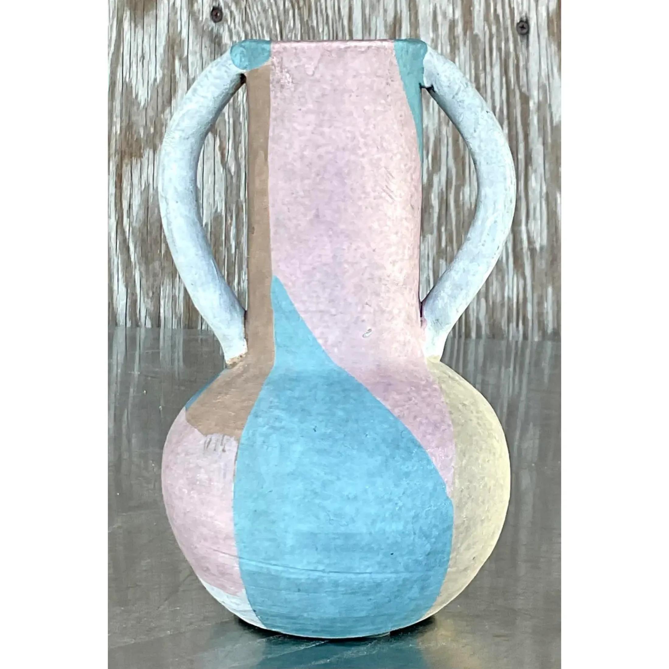 A fabulous vintage Boho vase. A chic Postmodern design in pale muted colors. Acquired from a Palm Beach estate.