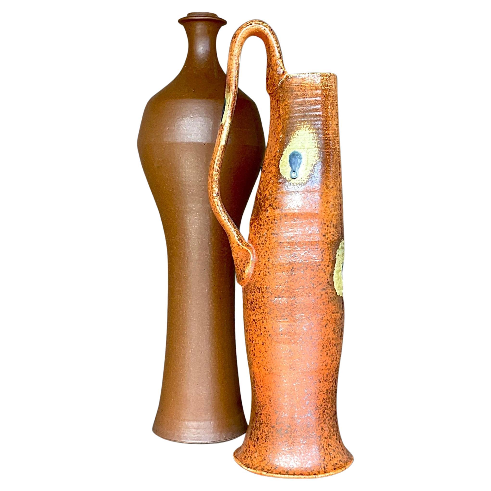 Vintage Boho Studio Pottery Vases - Set of 2 For Sale