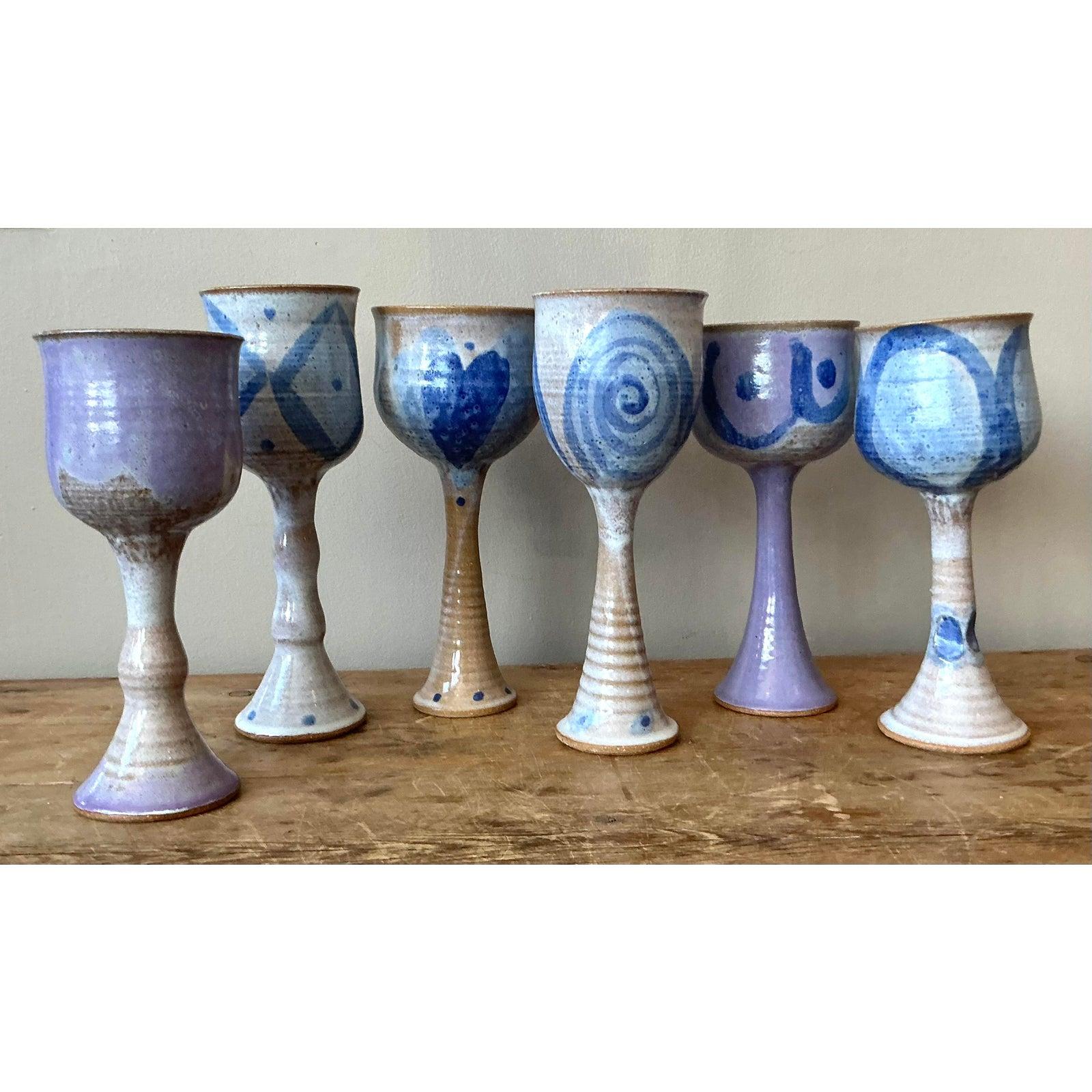 Vintage Boho Studio Pottery Weingläser - Satz von 6 (Töpferwaren) im Angebot
