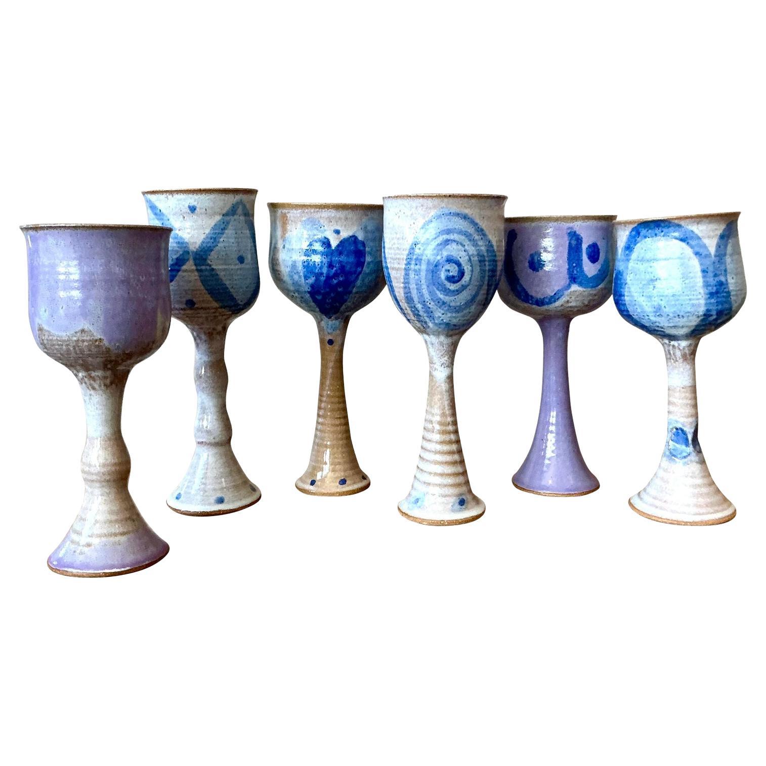 Vintage Boho Studio Pottery Weingläser - Satz von 6 im Angebot