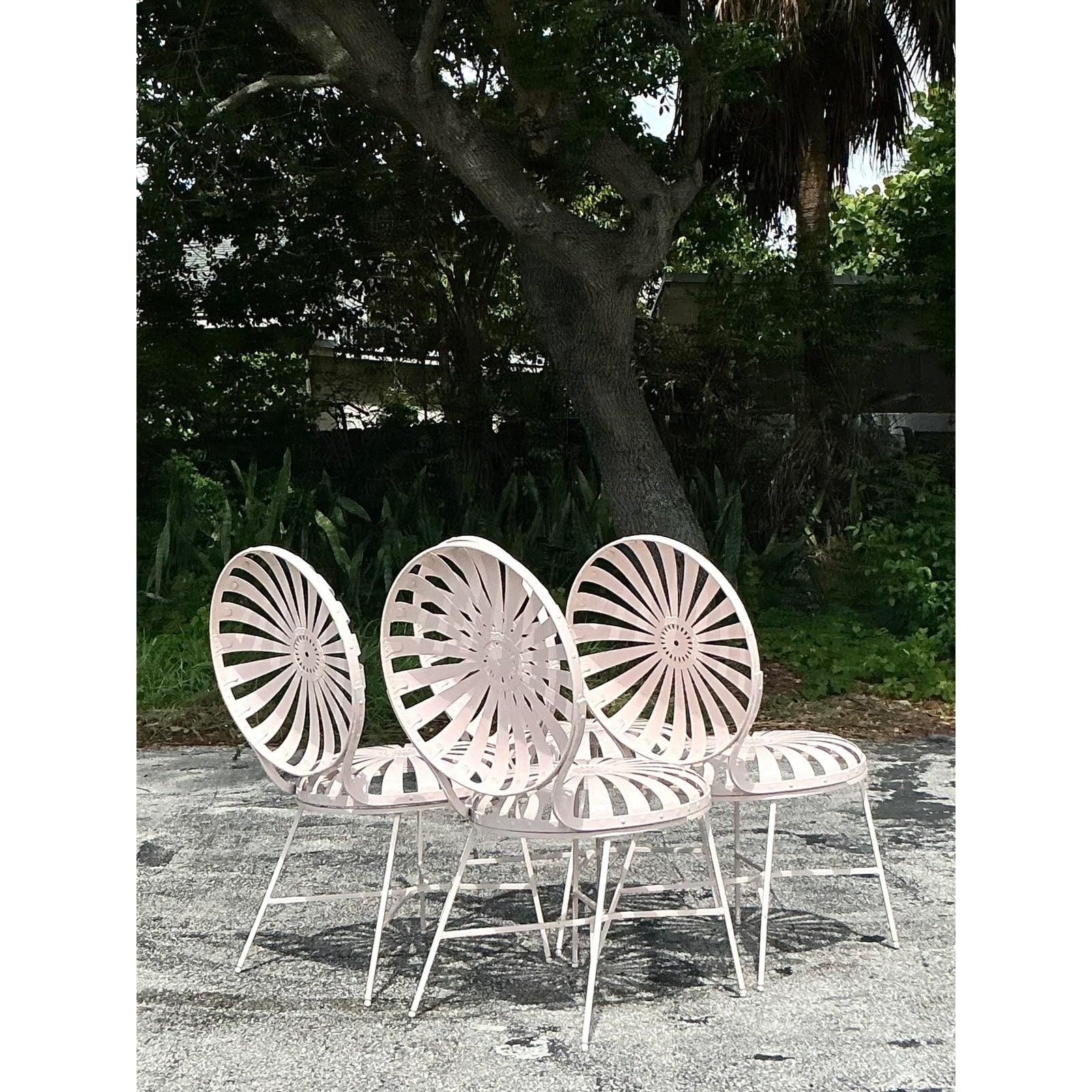 French Vintage Boho “Sunburst” Iron Dining Chairs After Francois Carre - Set of 4 For Sale