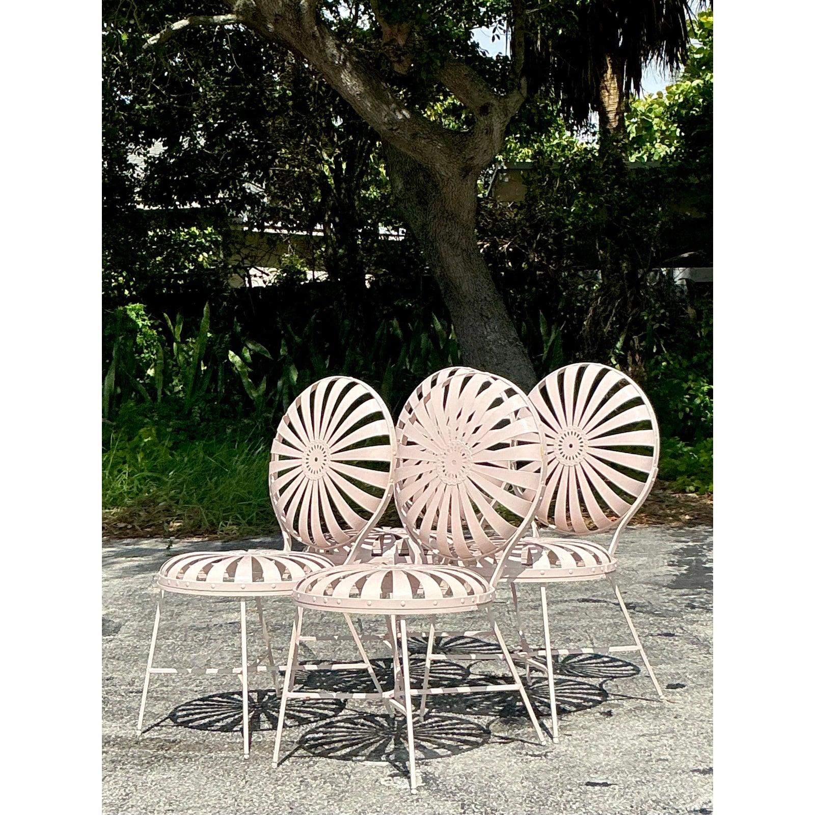 Vintage Boho “Sunburst” Iron Dining Chairs After Francois Carre - Set of 4 In Good Condition For Sale In west palm beach, FL