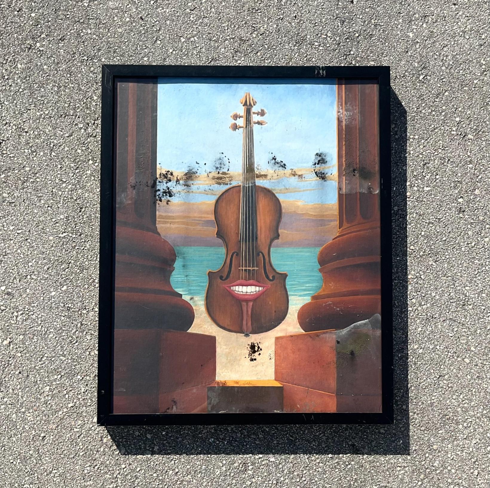 Vintage Boho Surrealist Oil Painting on Paper In Good Condition For Sale In west palm beach, FL