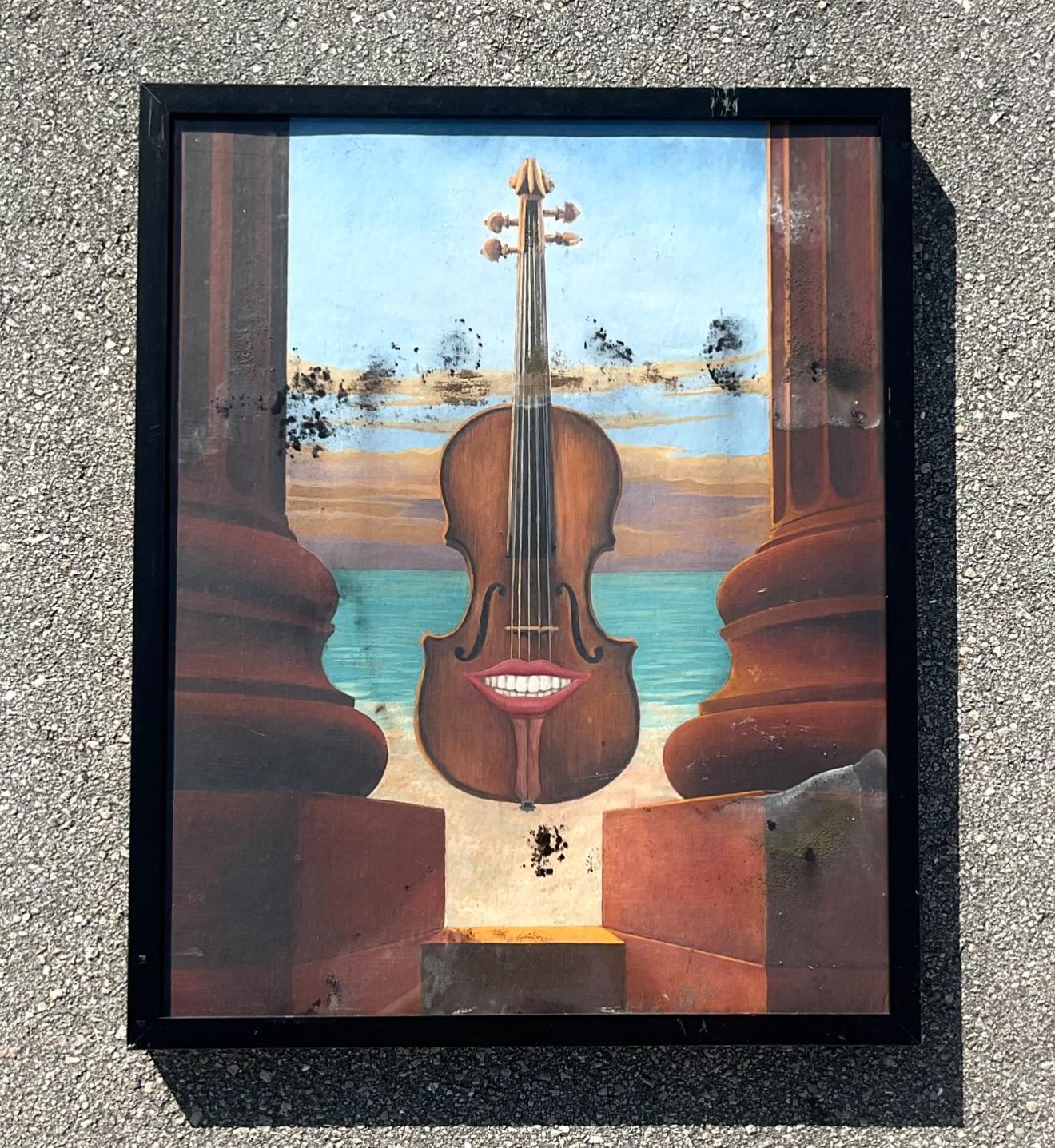 Glass Vintage Boho Surrealist Oil Painting on Paper For Sale
