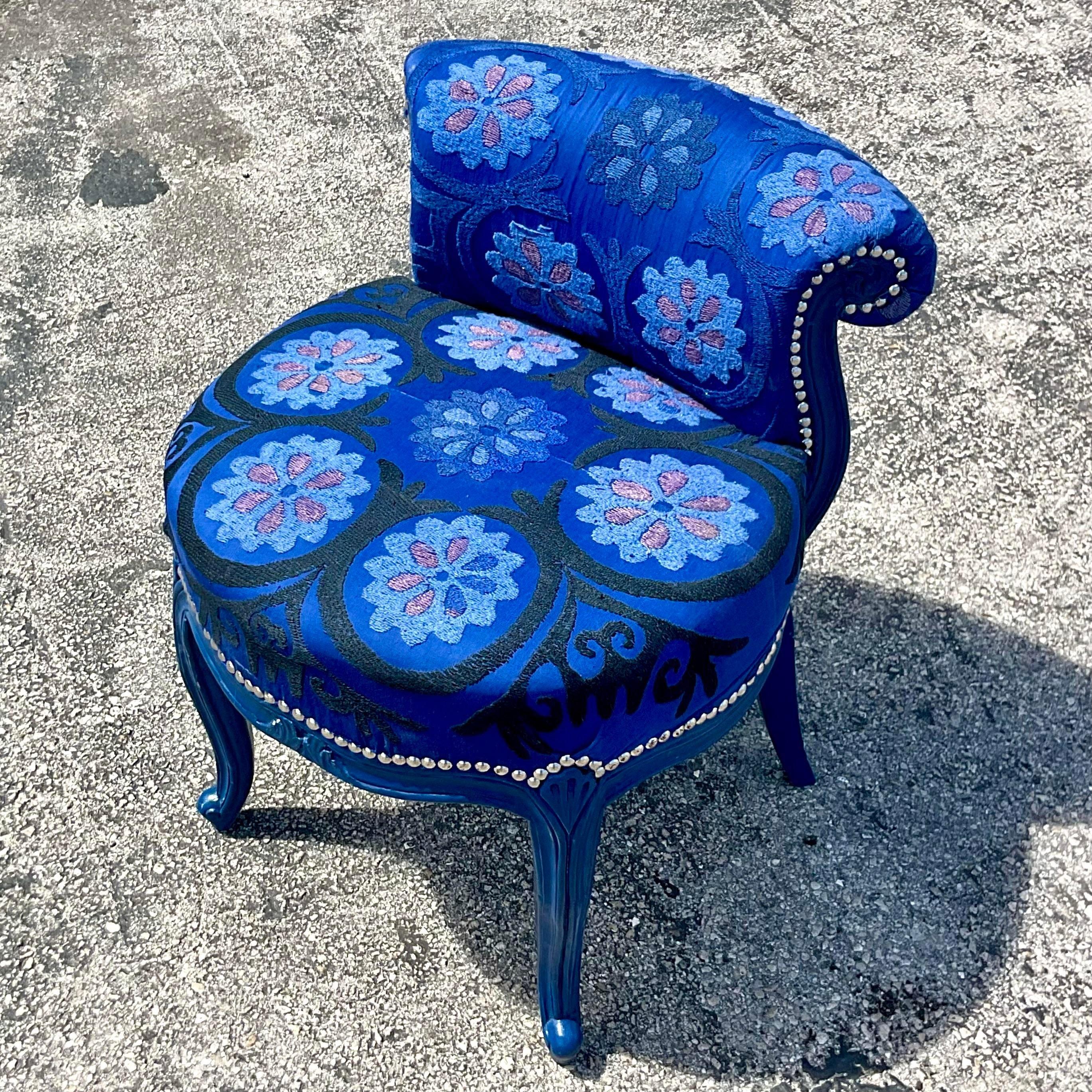 A fabulous vanity stool in a gorgeous shade of royal blue with mandala flowers embroidered on to it. Acquired in a Palm Beach estate.
