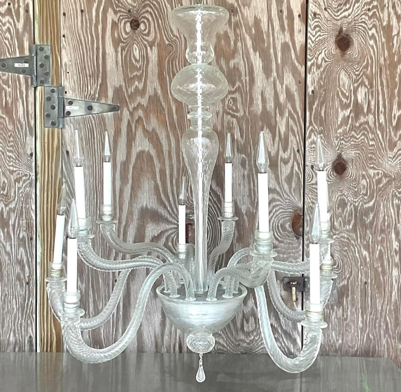 Italian Vintage Boho Swirl Glass Chandelier After Murano For Sale