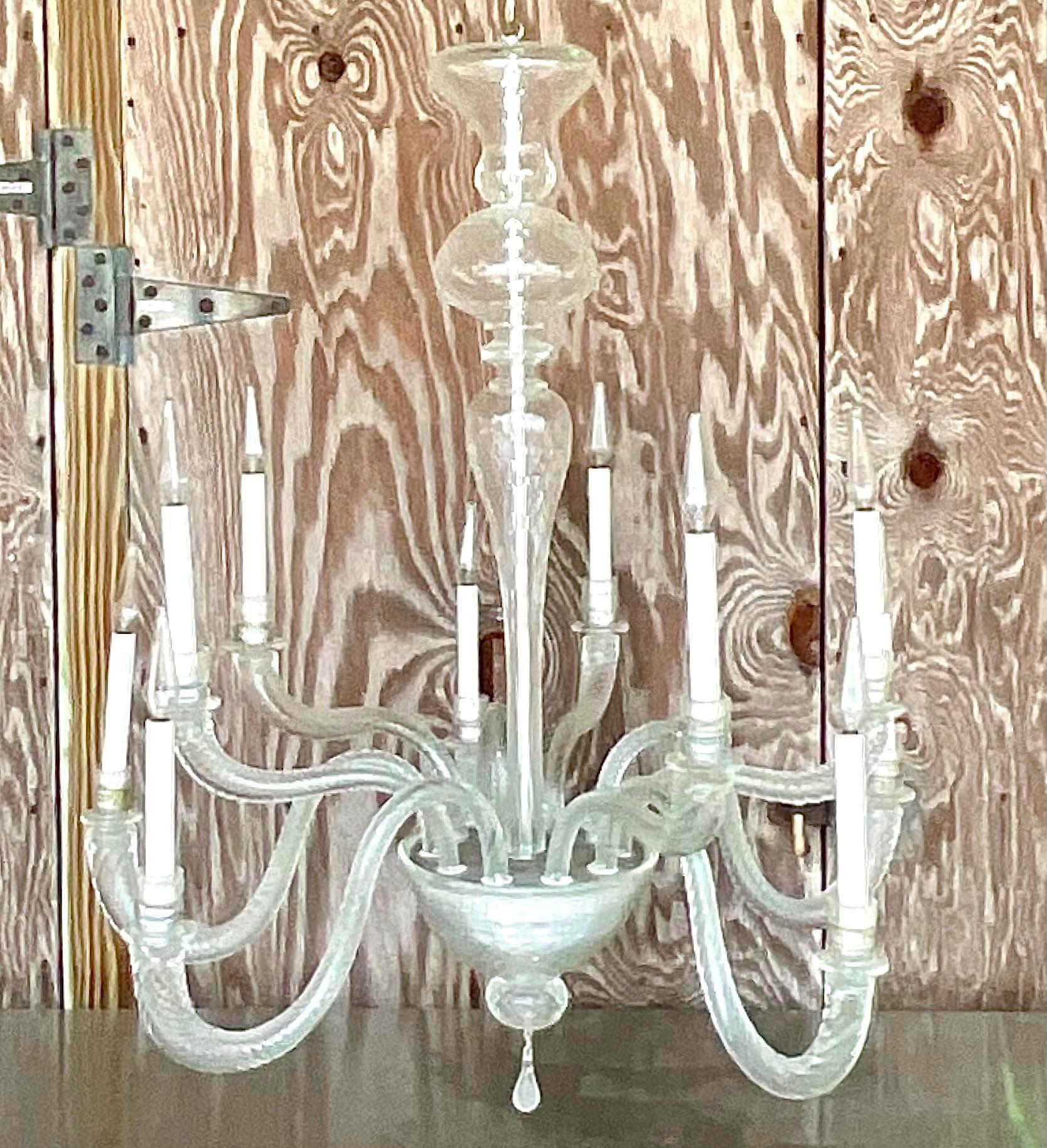 Metal Vintage Boho Swirl Glass Chandelier After Murano For Sale