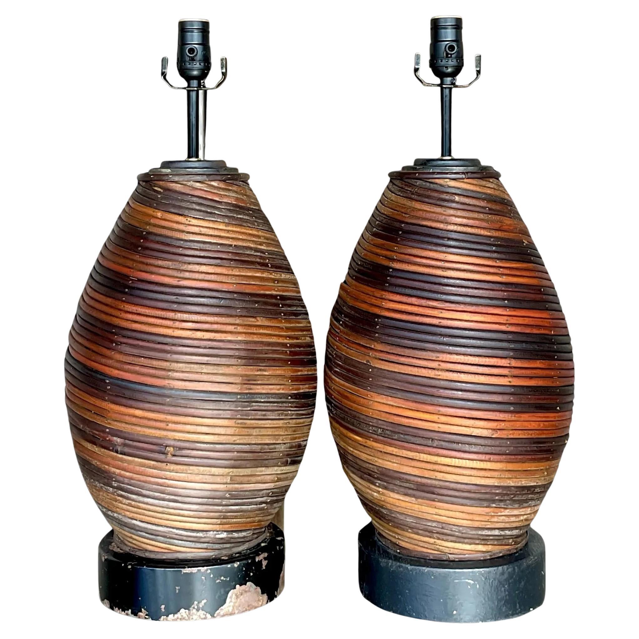 Vintage Boho Swirl Pencil Reed Lamps - a Pair