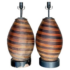 Vintage Boho Swirl Pencil Reed Lamps - a Pair