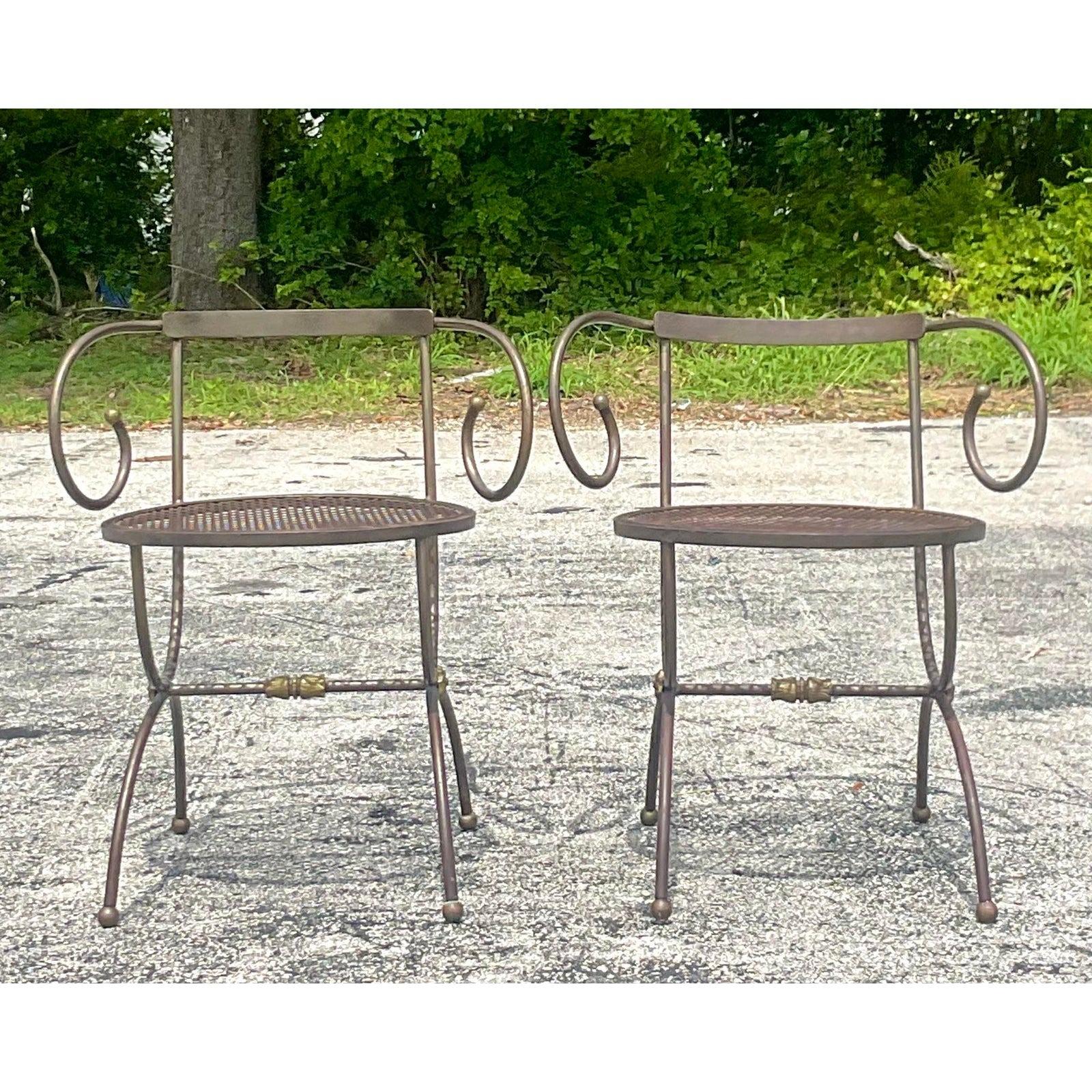 North American Vintage Boho Swirl Wrought Iron Accent Chairs - a Pair For Sale