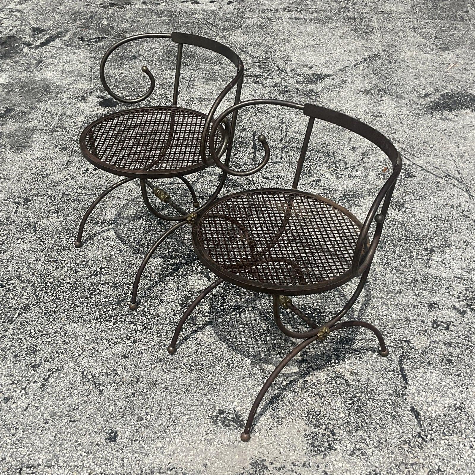 Vintage Boho Swirl Wrought Iron Accent Chairs - a Pair In Good Condition For Sale In west palm beach, FL