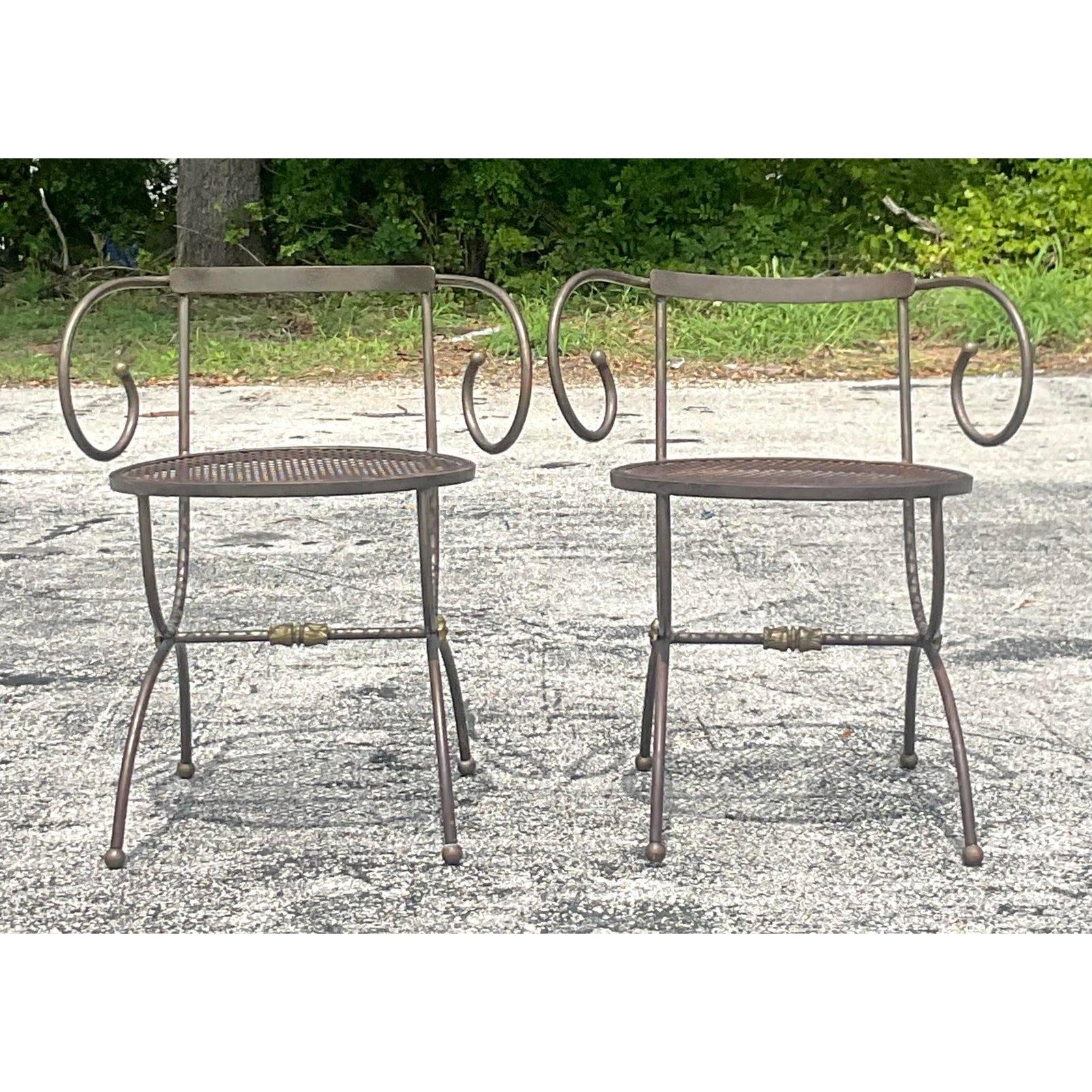 20th Century Vintage Boho Swirl Wrought Iron Accent Chairs - a Pair For Sale