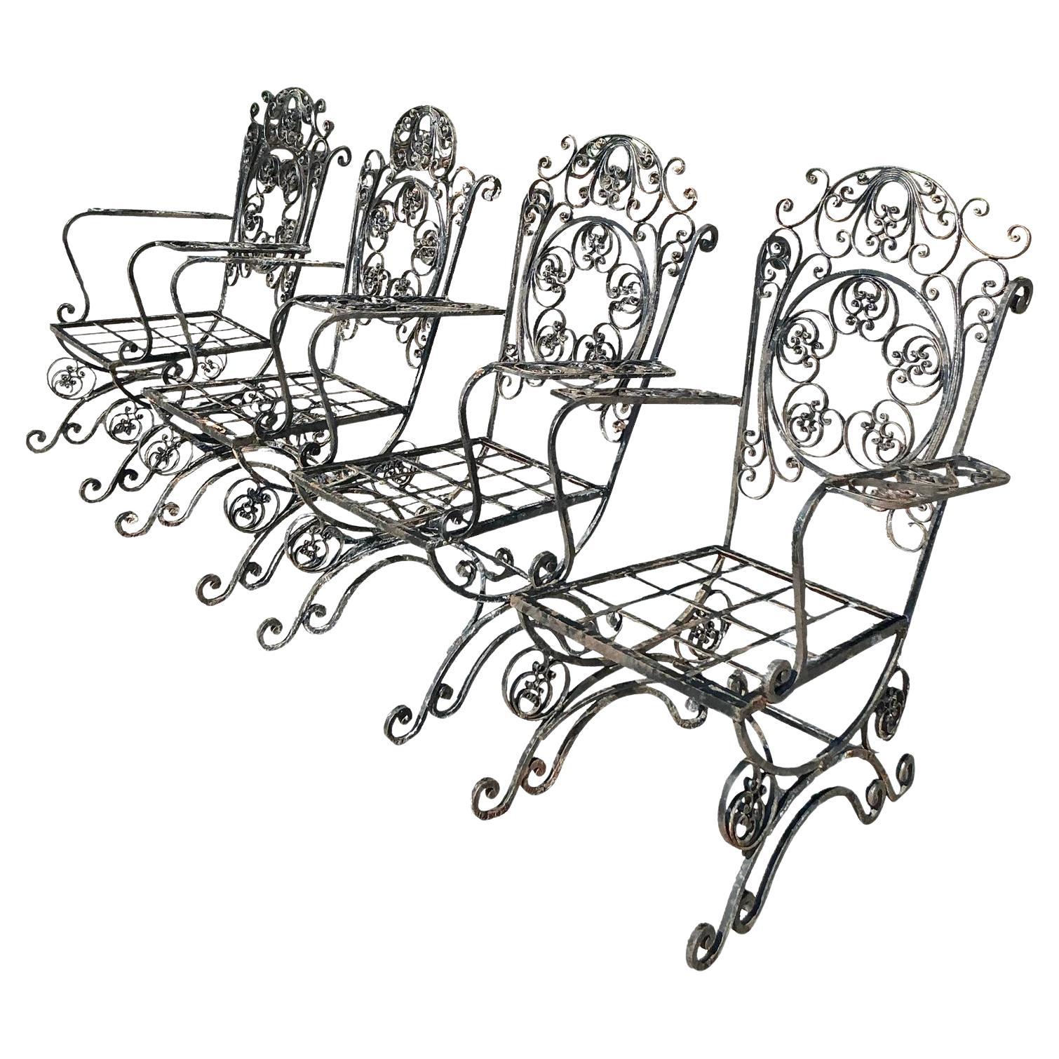 Vintage Boho Swirl Wrought Iron Dining Chairs - Set of 4