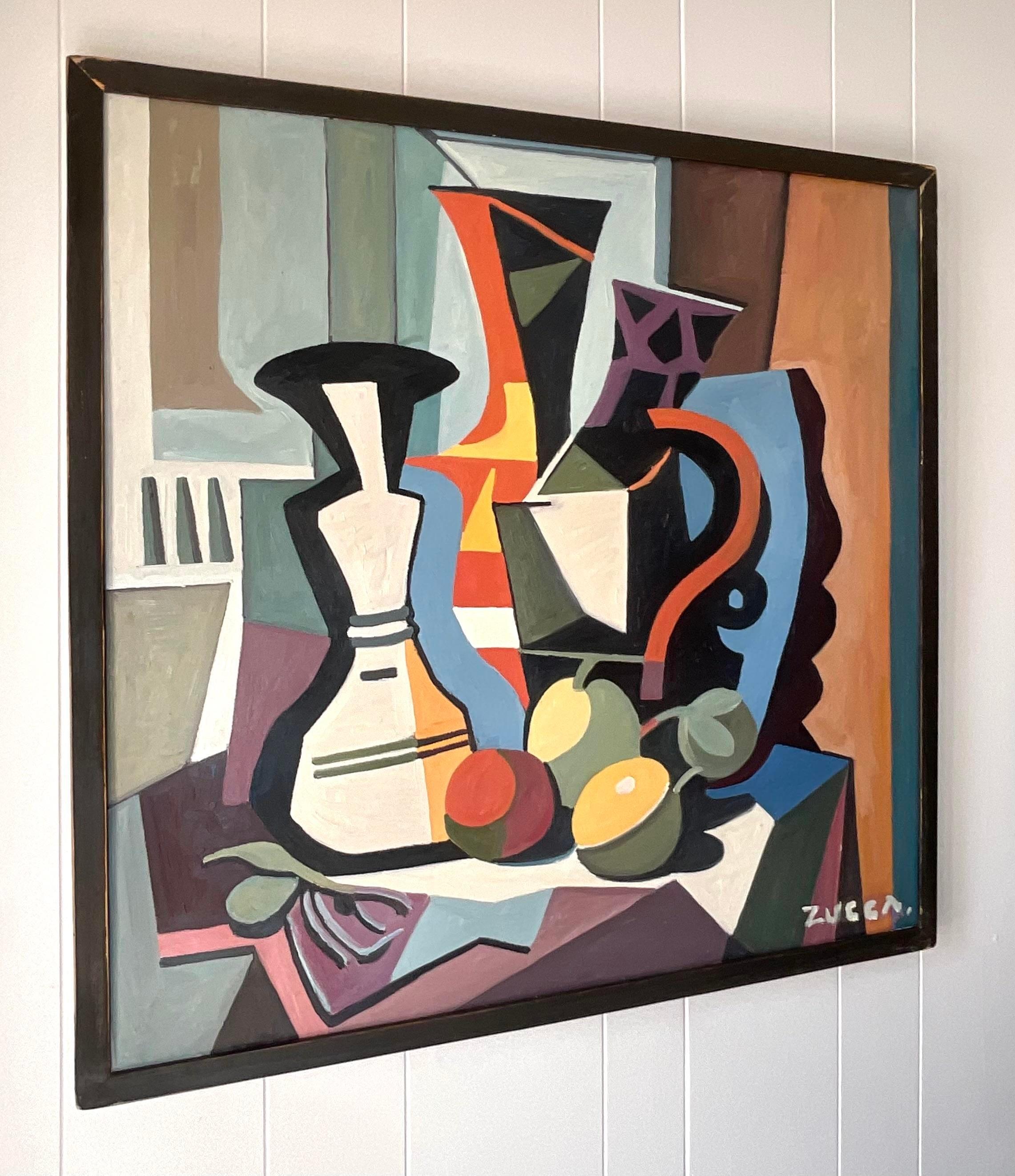 A fantastic vintage original oil painting on board. A chic Abstract tabletop still life in deep rich colors. Signed by the artist. Acquired from a Palm Beach estate. 