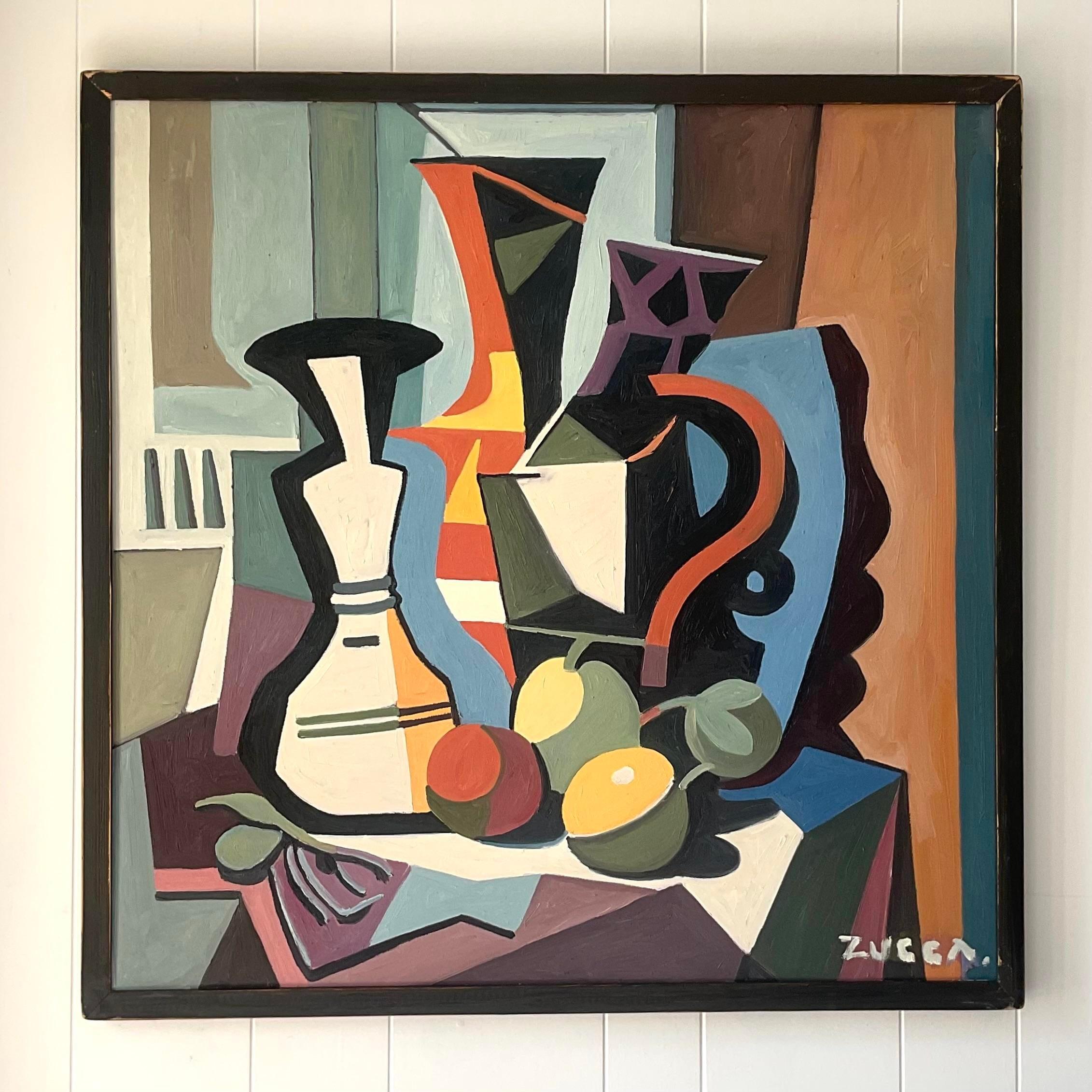 Vintage Boho Tabletop Still Life Abstract Signed Original Oil Painting on Board In Good Condition For Sale In west palm beach, FL