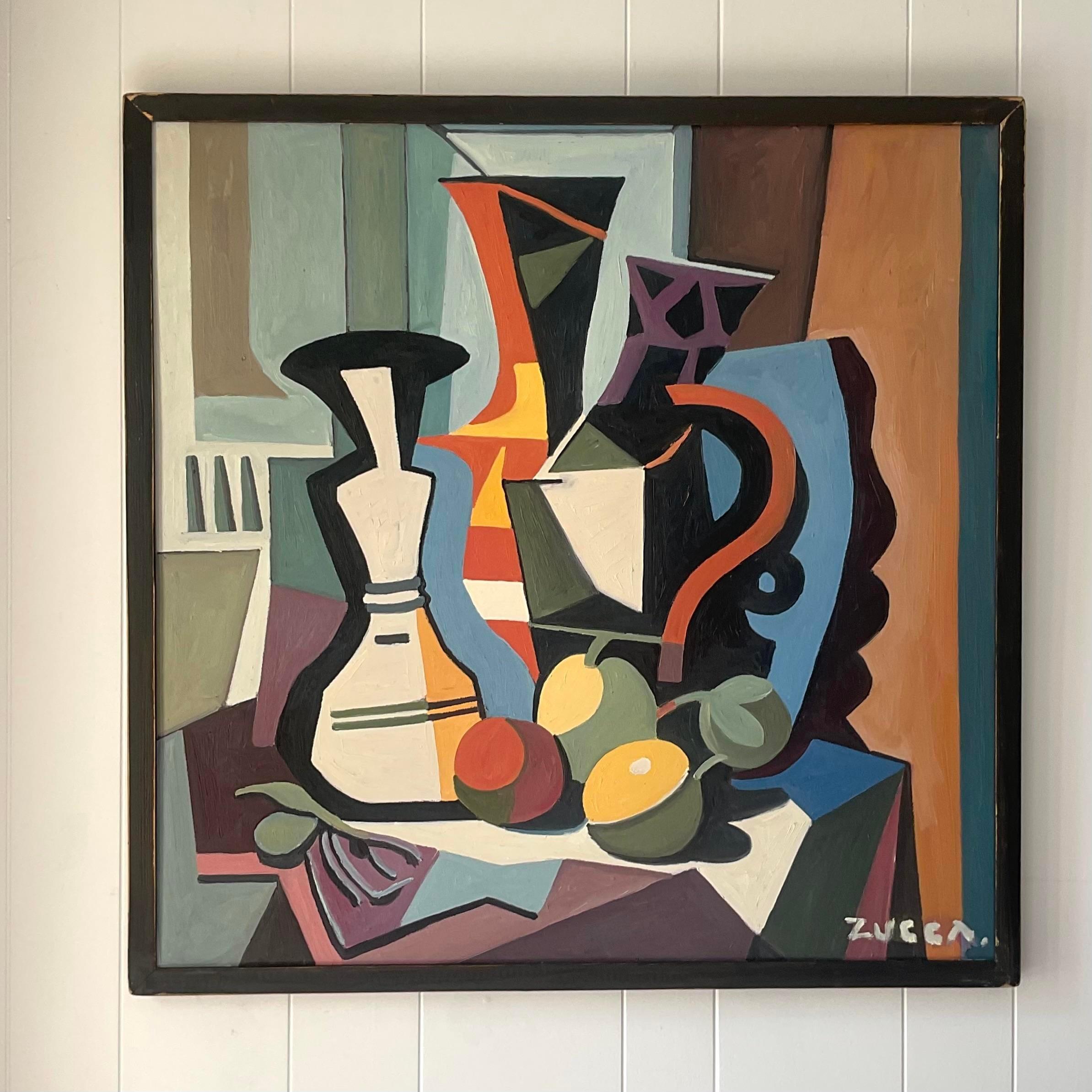 20th Century Vintage Boho Tabletop Still Life Abstract Signed Original Oil Painting on Board For Sale