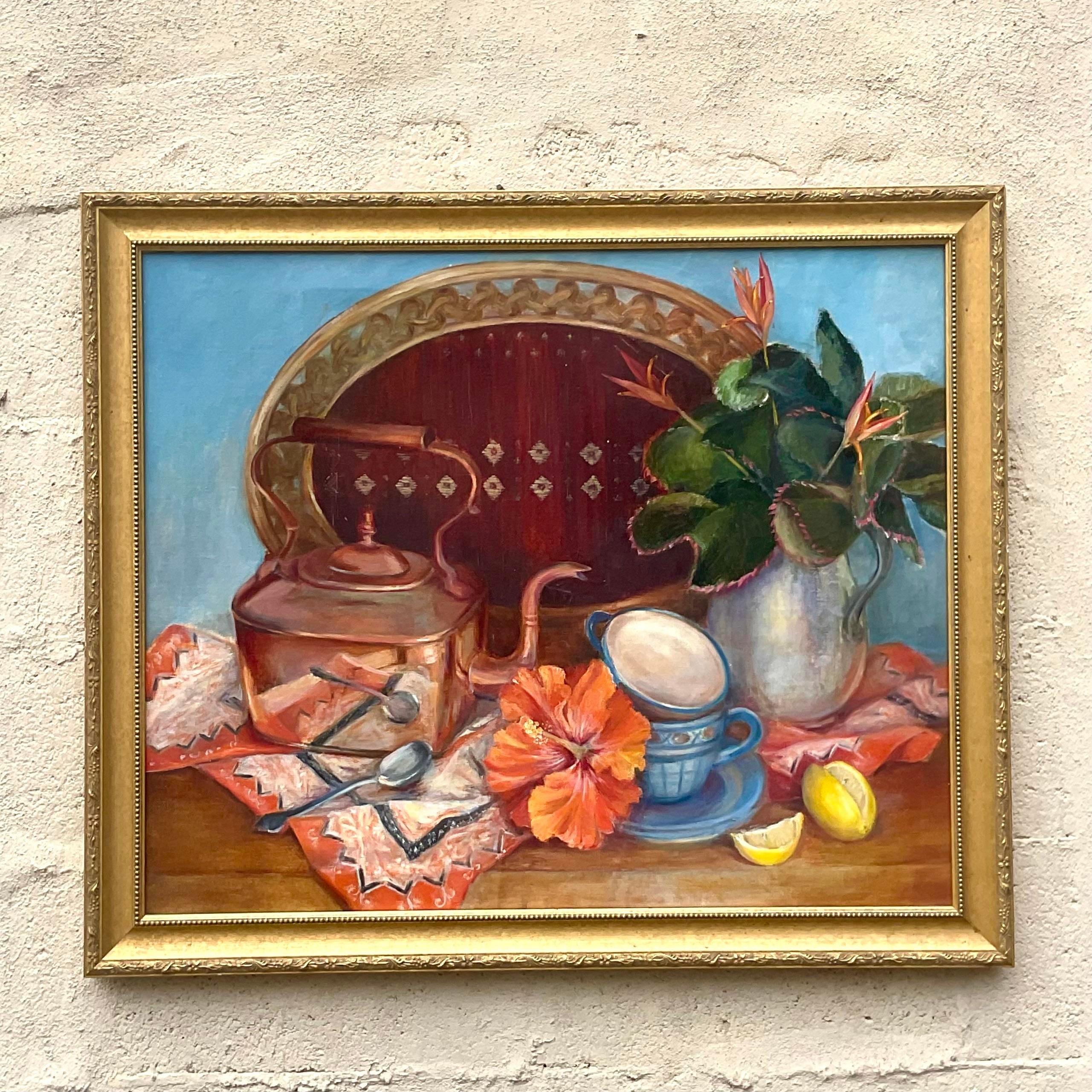 A fabulous vintage Boho original oil painting on canvas. Done by the artist Joan Rice Farish Quillen. An exceptional tabletop still life with beautiful rich colors. Acquired from an RI estate.