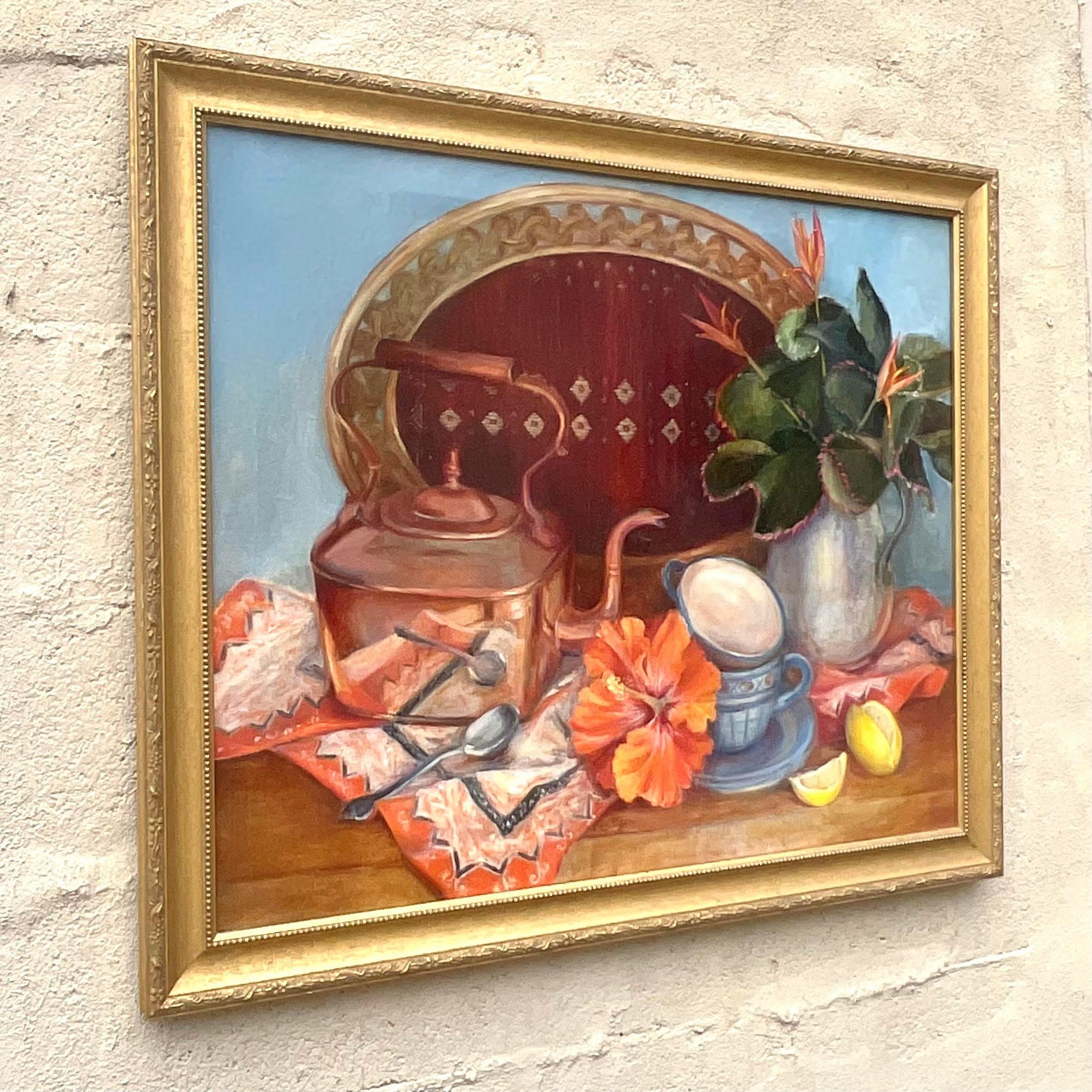 American Vintage Boho Tabletop Still Life on Canvas by Joan Rice Quillen For Sale