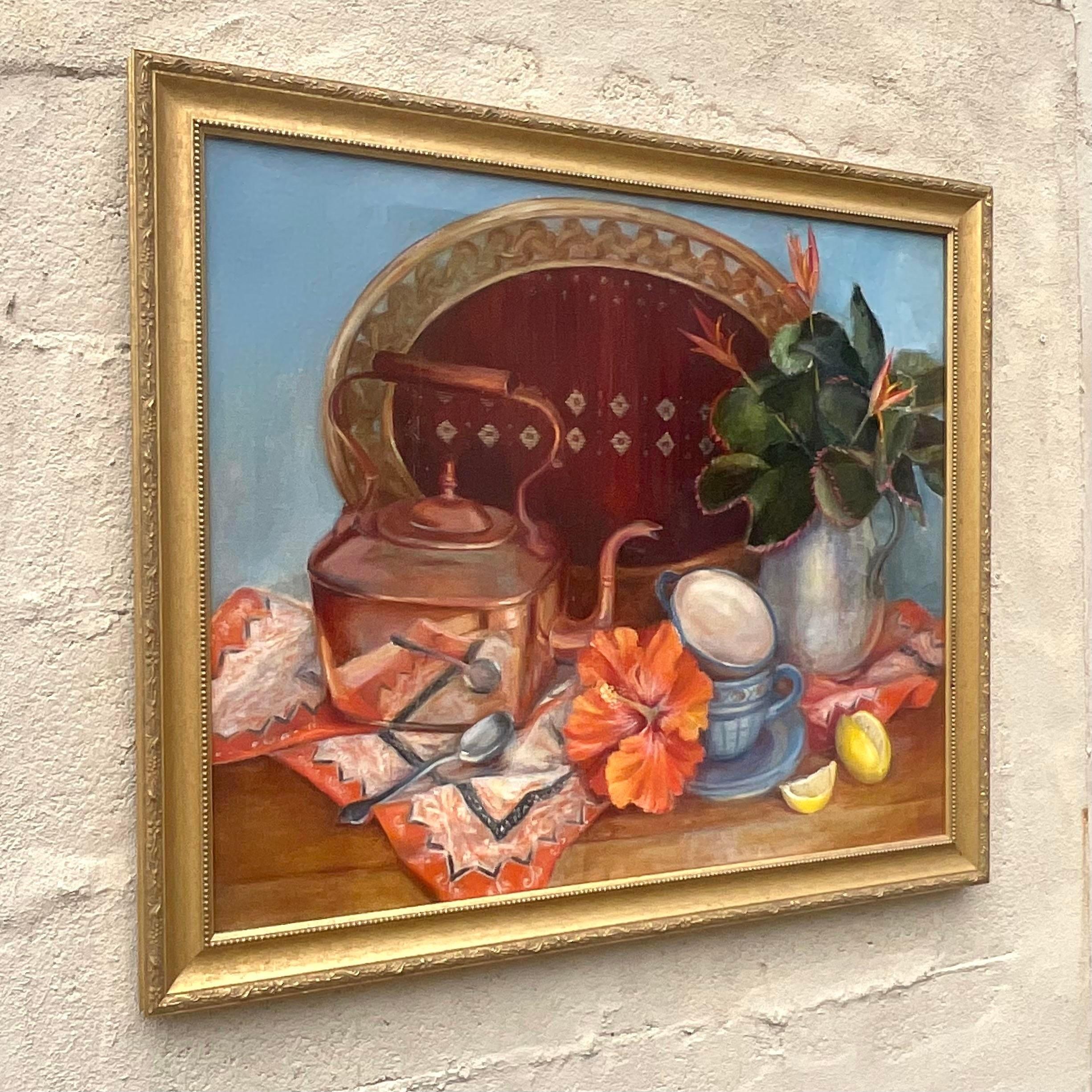 Vintage Boho Tabletop Still Life on Canvas by Joan Rice Quillen In Good Condition For Sale In west palm beach, FL