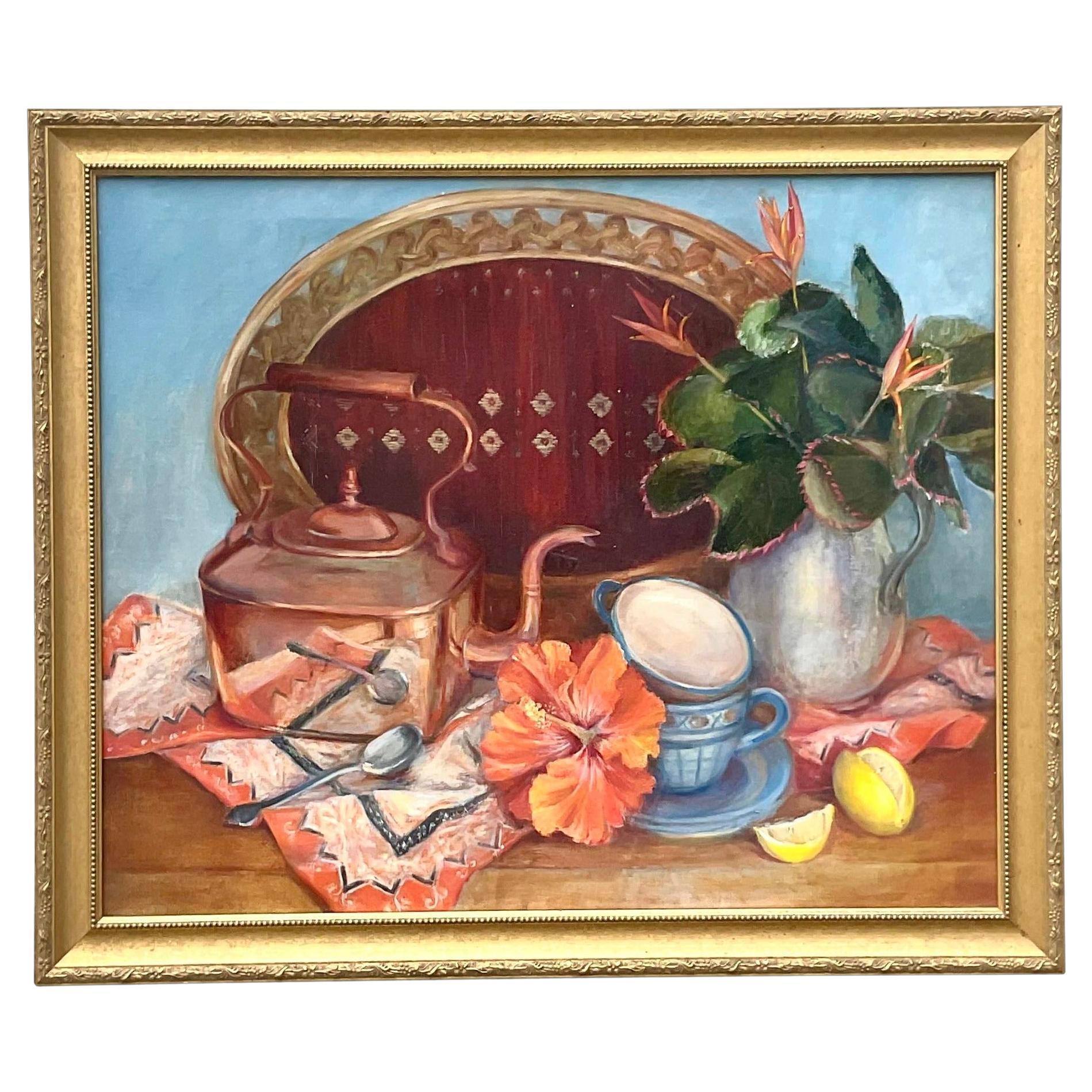 Vintage Boho Tabletop Still Life on Canvas by Joan Rice Quillen For Sale