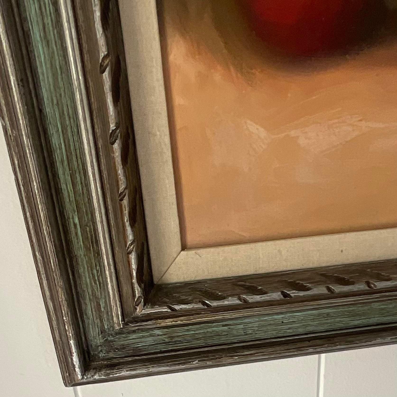Eine fabelhafte Vintage Boho original Ölgemälde auf Leinwand. Ein schickes Tischstillleben in leuchtenden, klaren Farben. Vom Künstler signiert und in einem leuchtend grünen Rahmen. Erworben aus einem Nachlass in Palm Beach. 