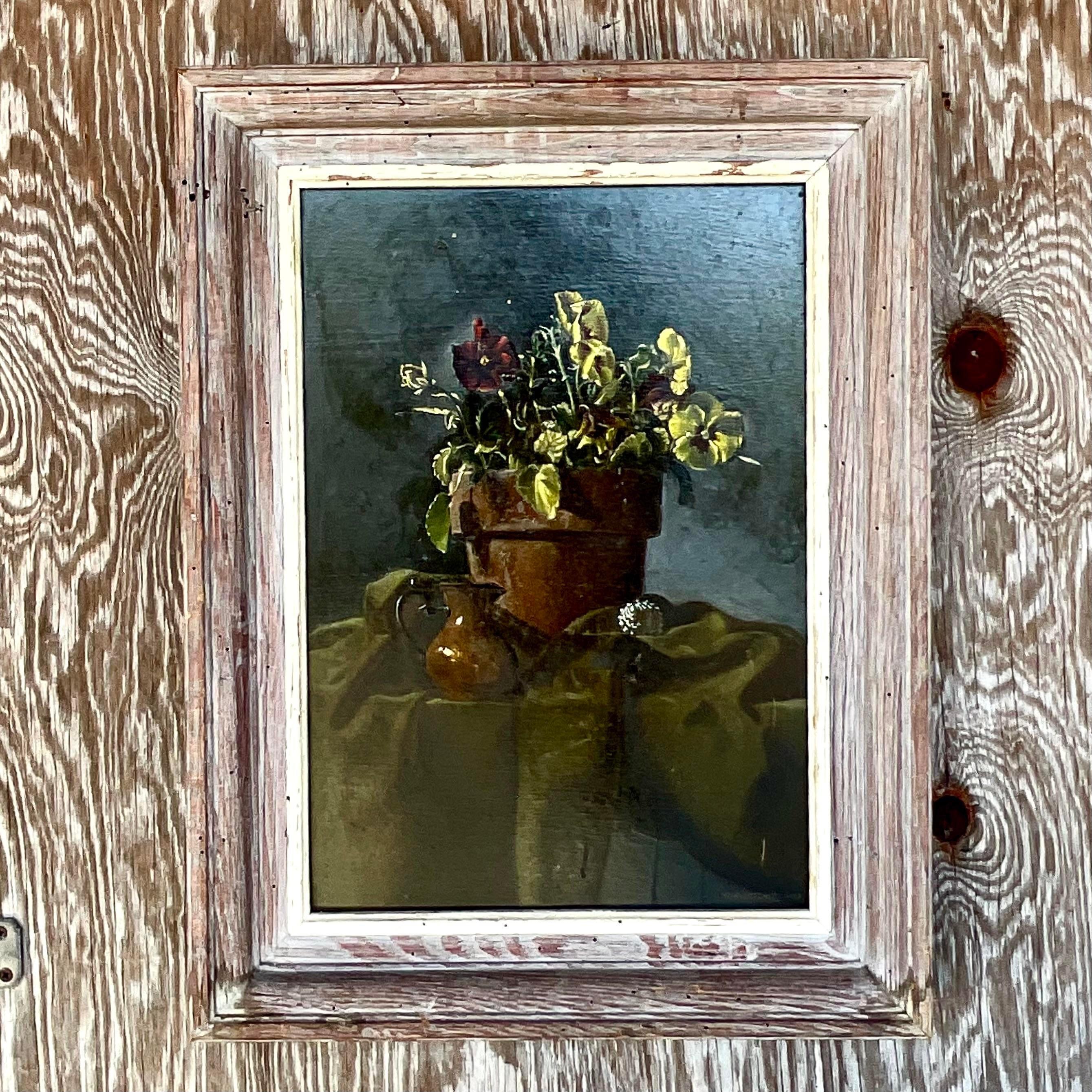 A fabulous vintage Boho original oil on canvas. A chic tabletop still life composition of violets and shells. Signed by the artist. Acquired from a Palm Beach estate.