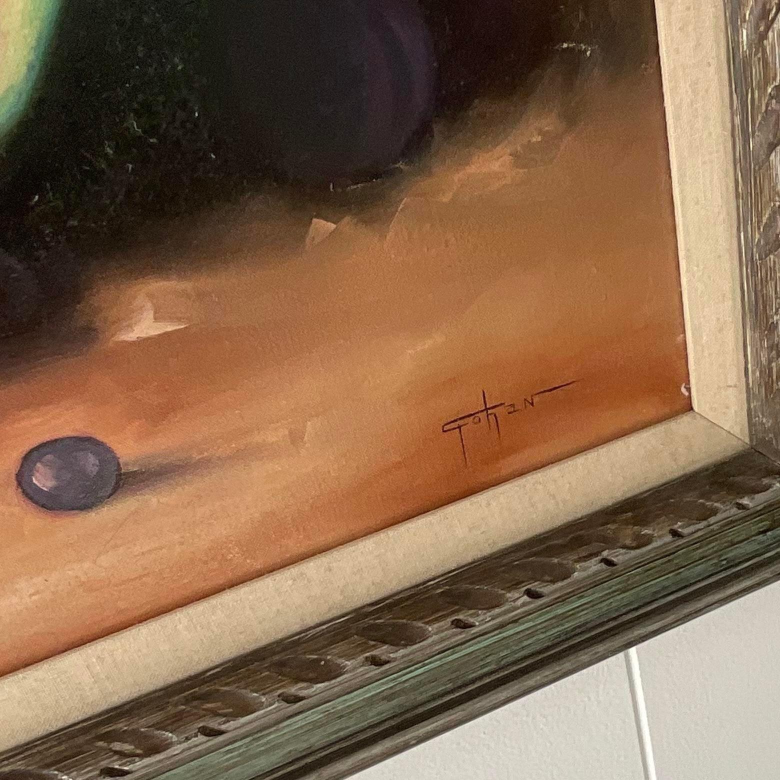 Vintage Boho-Tischplatte, Stillleben, signiert, Original, Öl auf Leinwand im Angebot 2