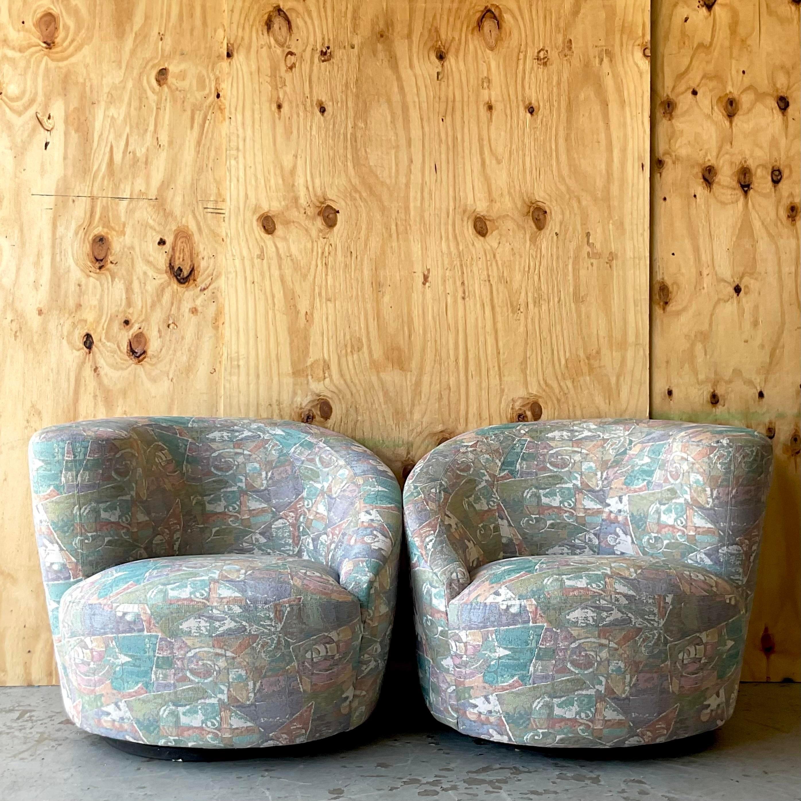 Vintage Boho Tagged Weiman Nautilus Swivel Chairs - a Pair In Good Condition For Sale In west palm beach, FL