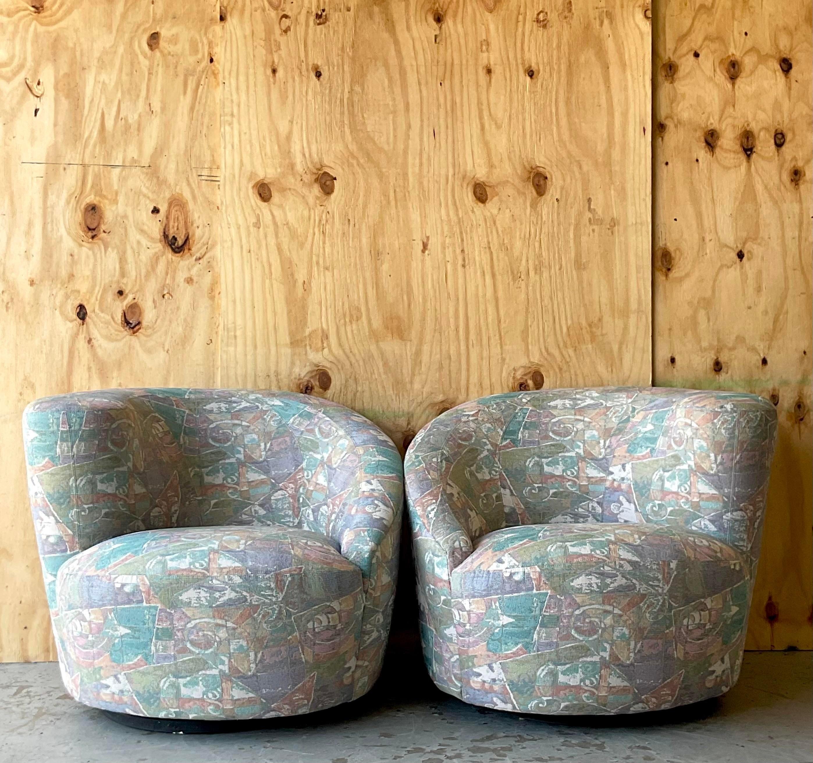 Upholstery Vintage Boho Tagged Weiman Nautilus Swivel Chairs - a Pair For Sale