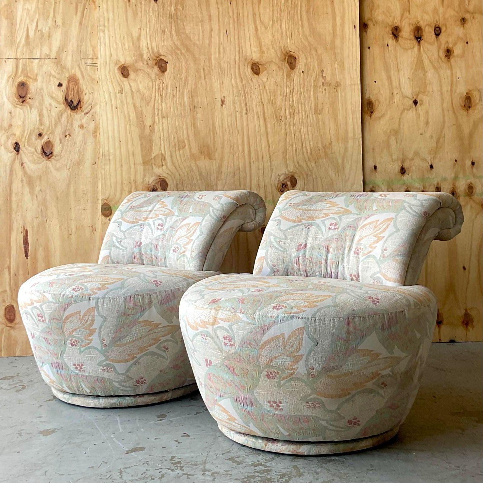 An incredible set of vintage Boho swivel chairs. Made by the iconic Weiman group. A chic scroll back in a neutral jacquard. Tagged on the bottom. Acquired from a Palm Beach estate.
