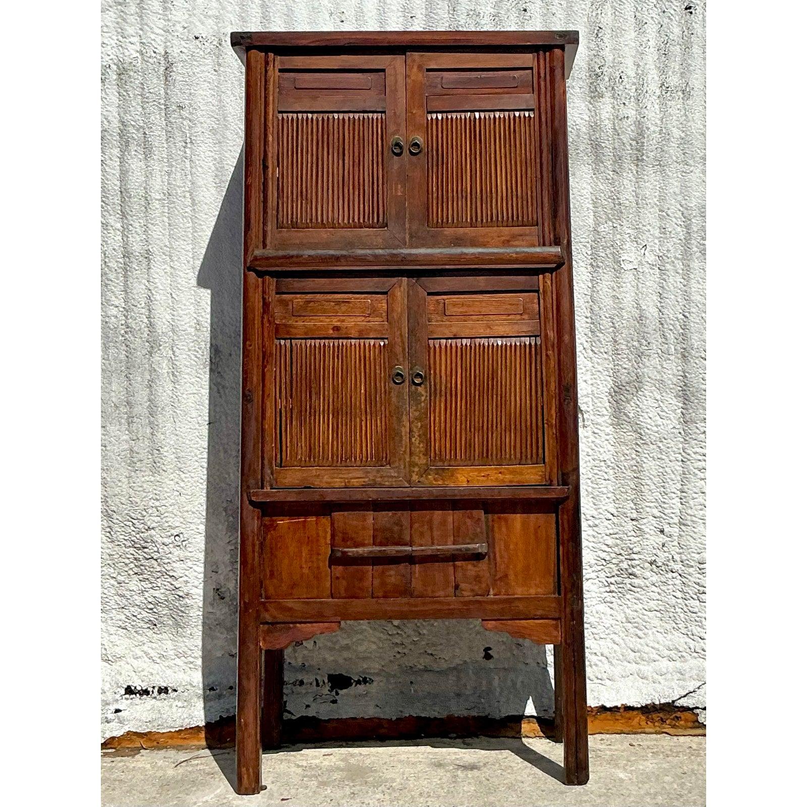 Organic Modern Vintage Boho Teak Tall Cabinet For Sale