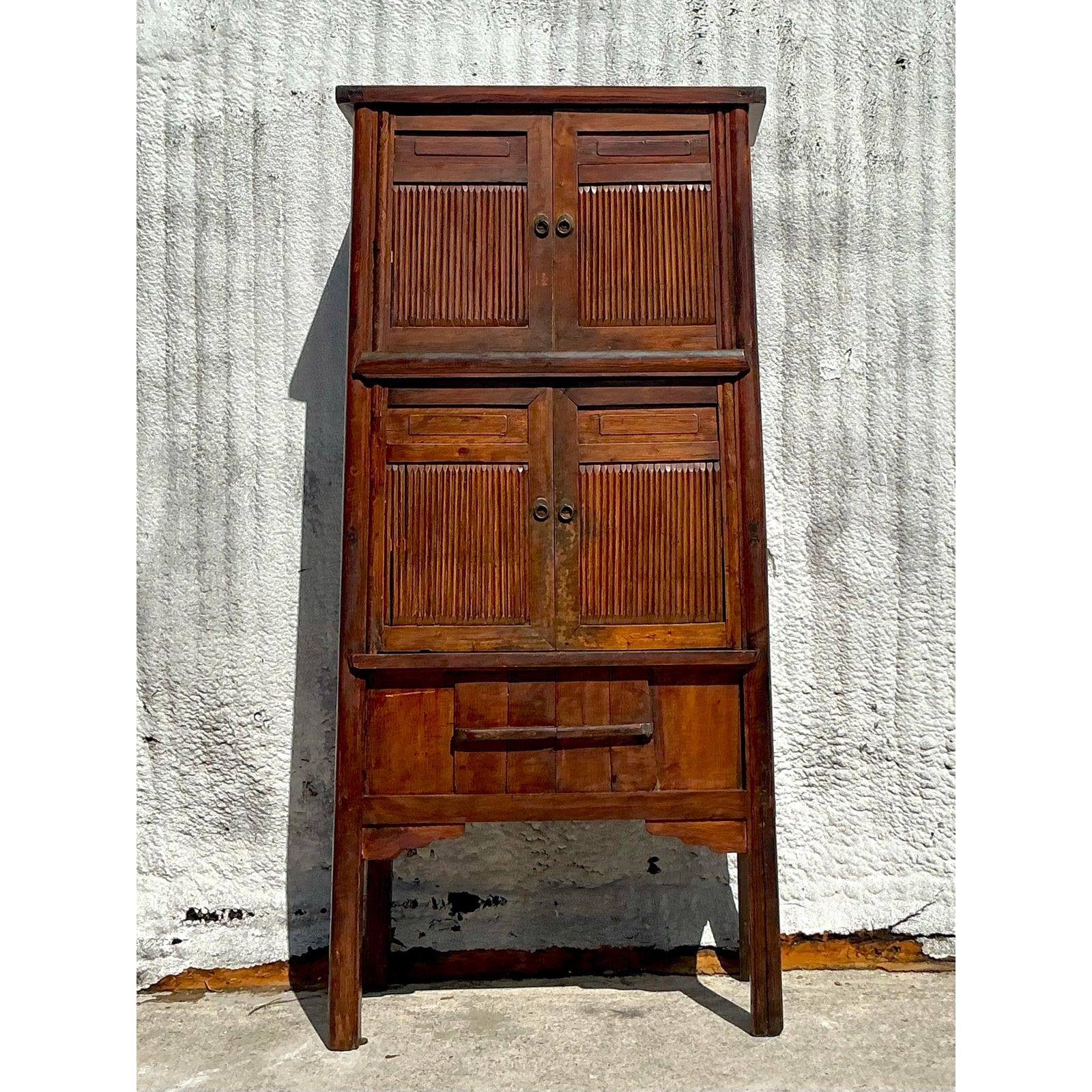Indonesian Vintage Boho Teak Tall Cabinet For Sale