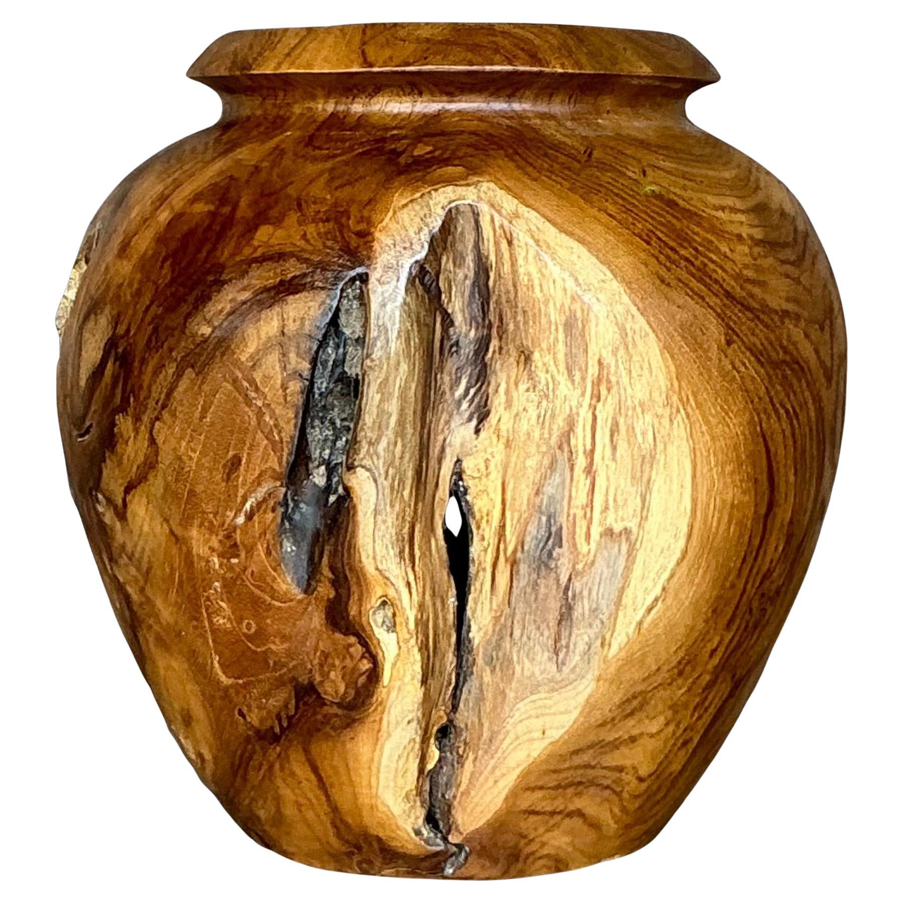 Vintage Boho Teak Turned Wood Vase