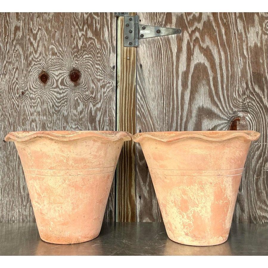 Rustic Vintage Boho Terra Cotta Over Fiberglass Planters - a Pair For Sale