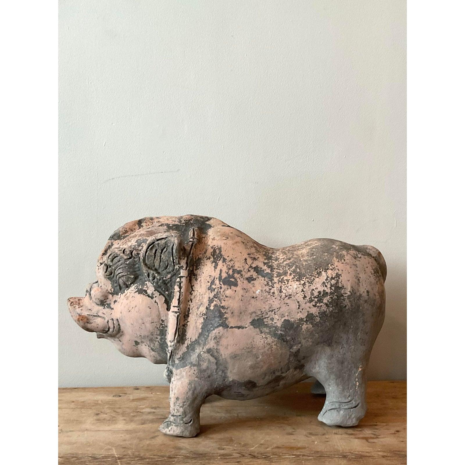 Arte popolare Maiale in terracotta vintage Boho in vendita