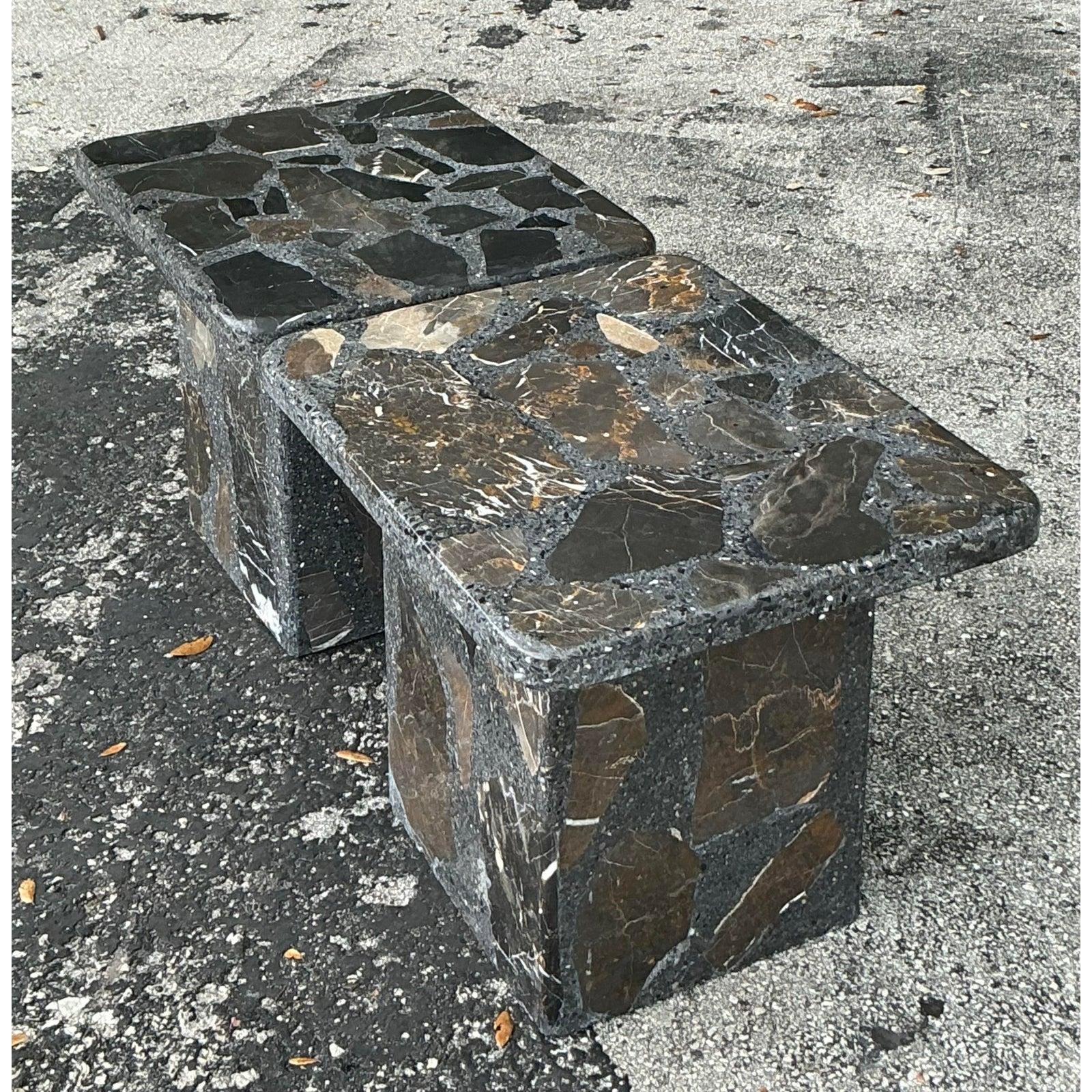 Elevate your living space with this striking pair of Vintage Patchwork Stone Side Tables, offering a bold blend of Postmodern aesthetic and Bohemian eclecticism. Each table features a distinctive terrazzo-inspired design, meticulously crafted from a