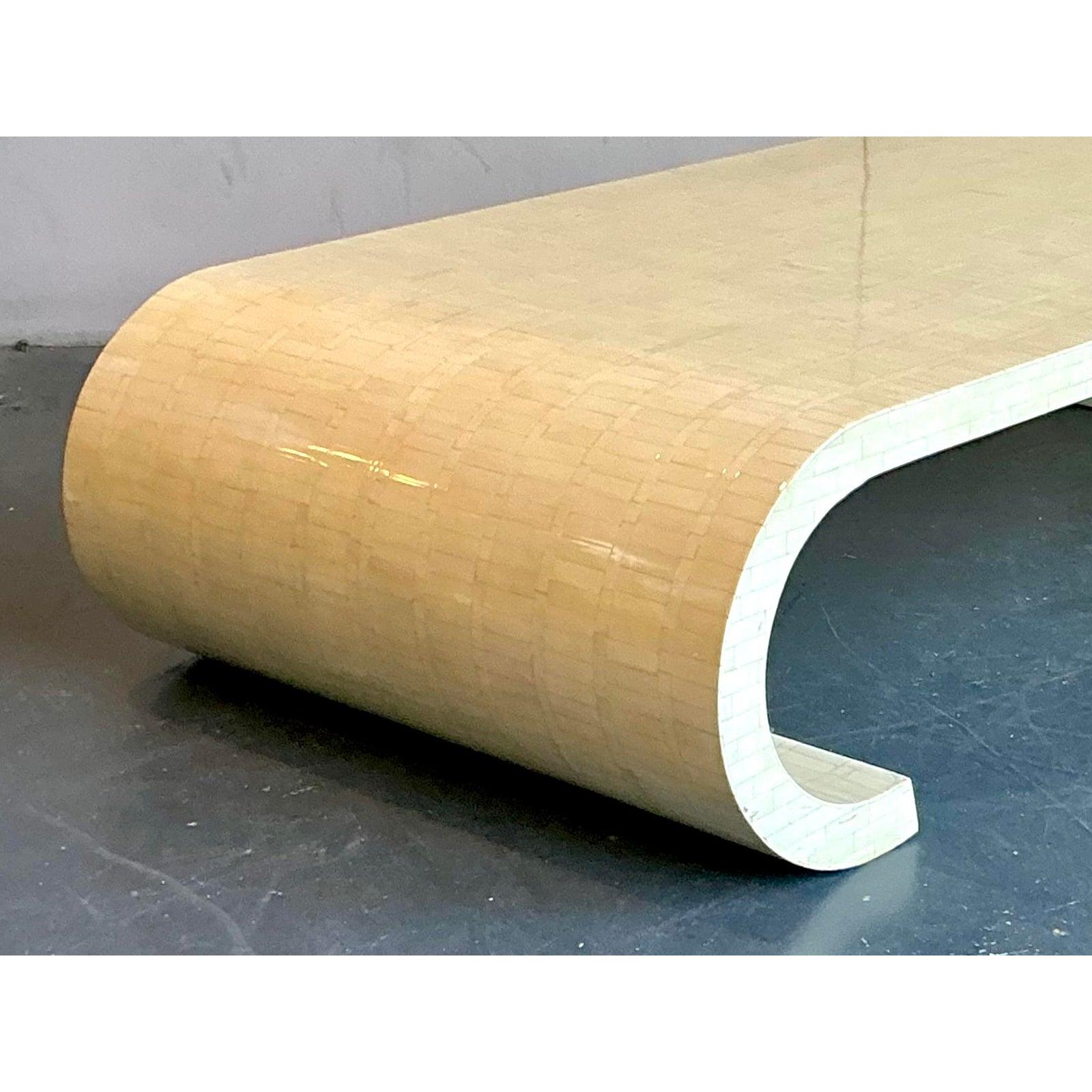 Post-Modern Vintage Boho Tessellated Bone Scroll Coffee Table After Garcel For Sale