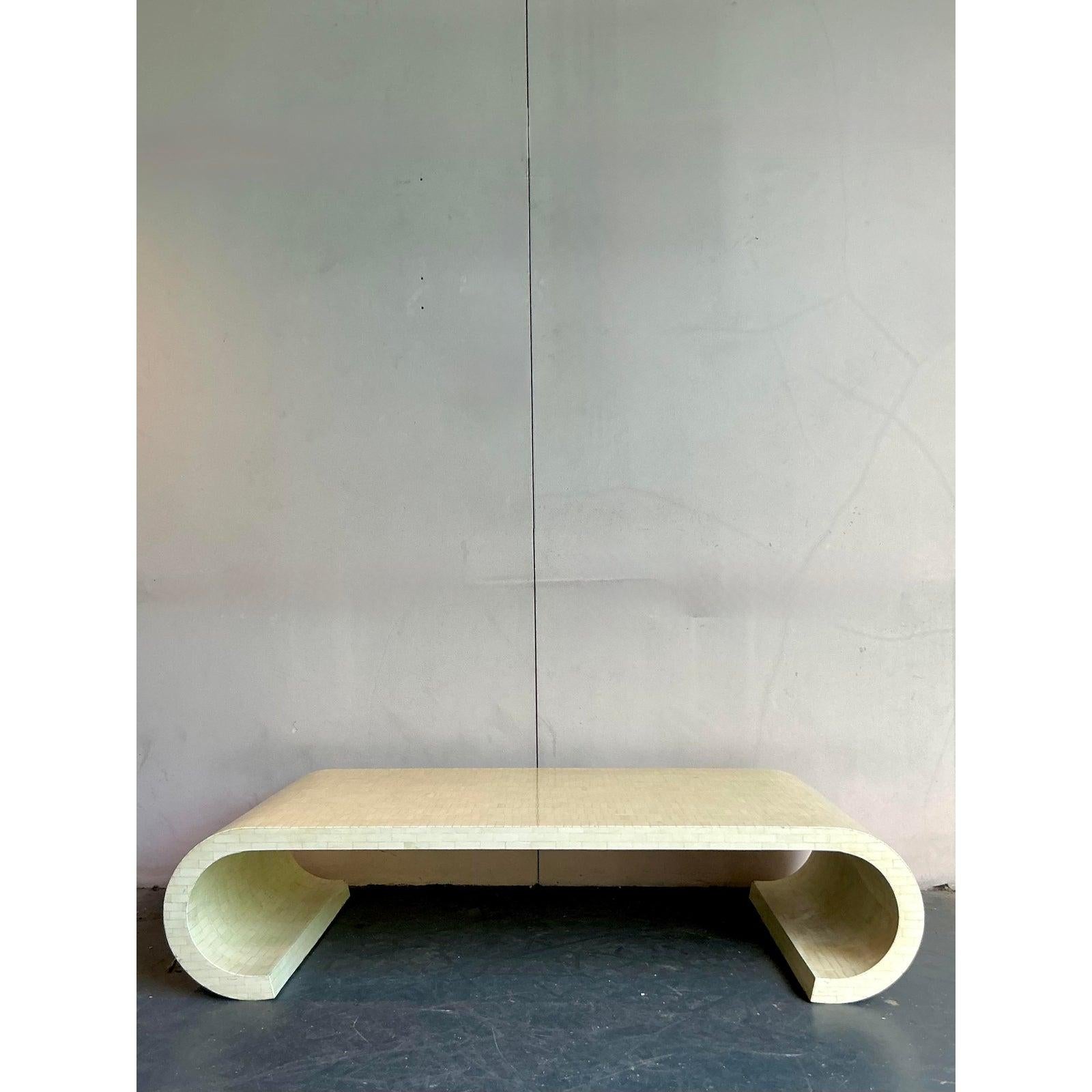 Colombian Vintage Boho Tessellated Bone Scroll Coffee Table After Garcel For Sale
