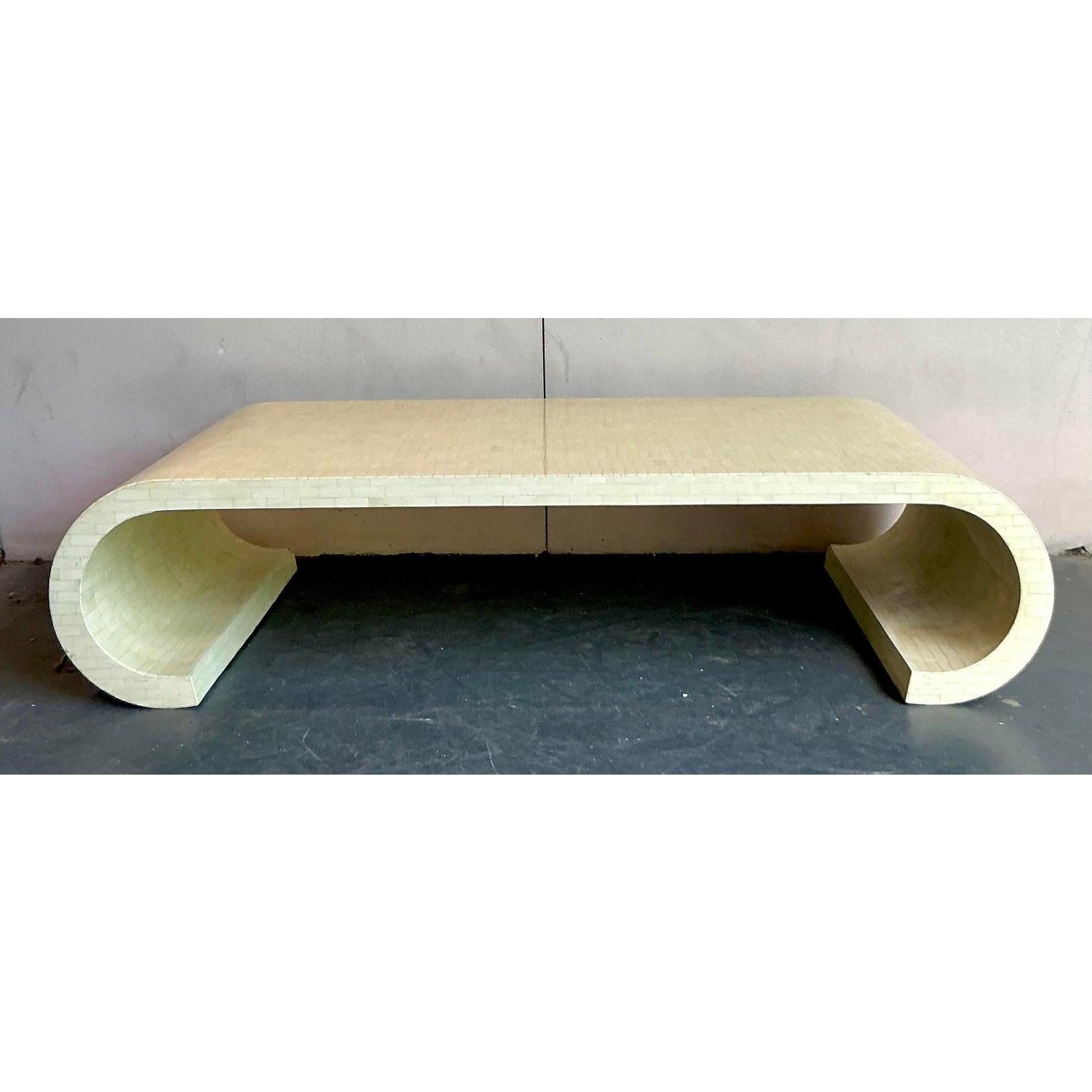 Vintage Boho Tessellated Bone Scroll Coffee Table After Garcel In Good Condition For Sale In West Palm Beach, FL