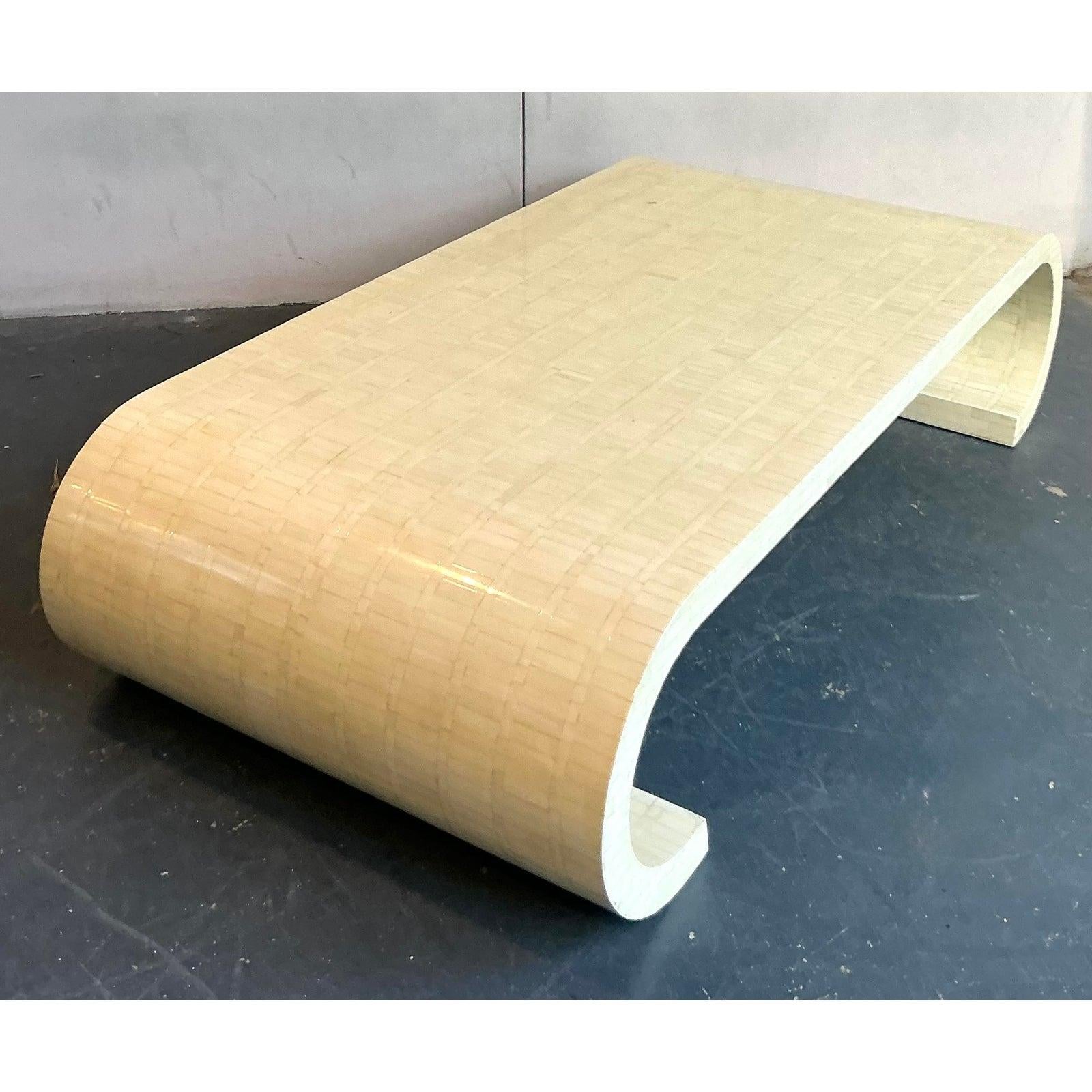 20th Century Vintage Boho Tessellated Bone Scroll Coffee Table After Garcel For Sale