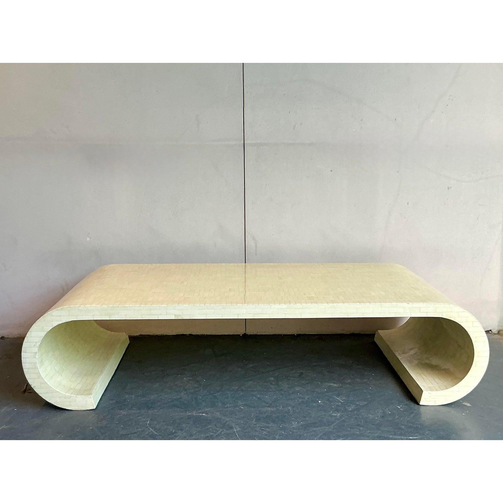 Vintage Boho Tessellated Bone Scroll Coffee Table After Garcel For Sale 1