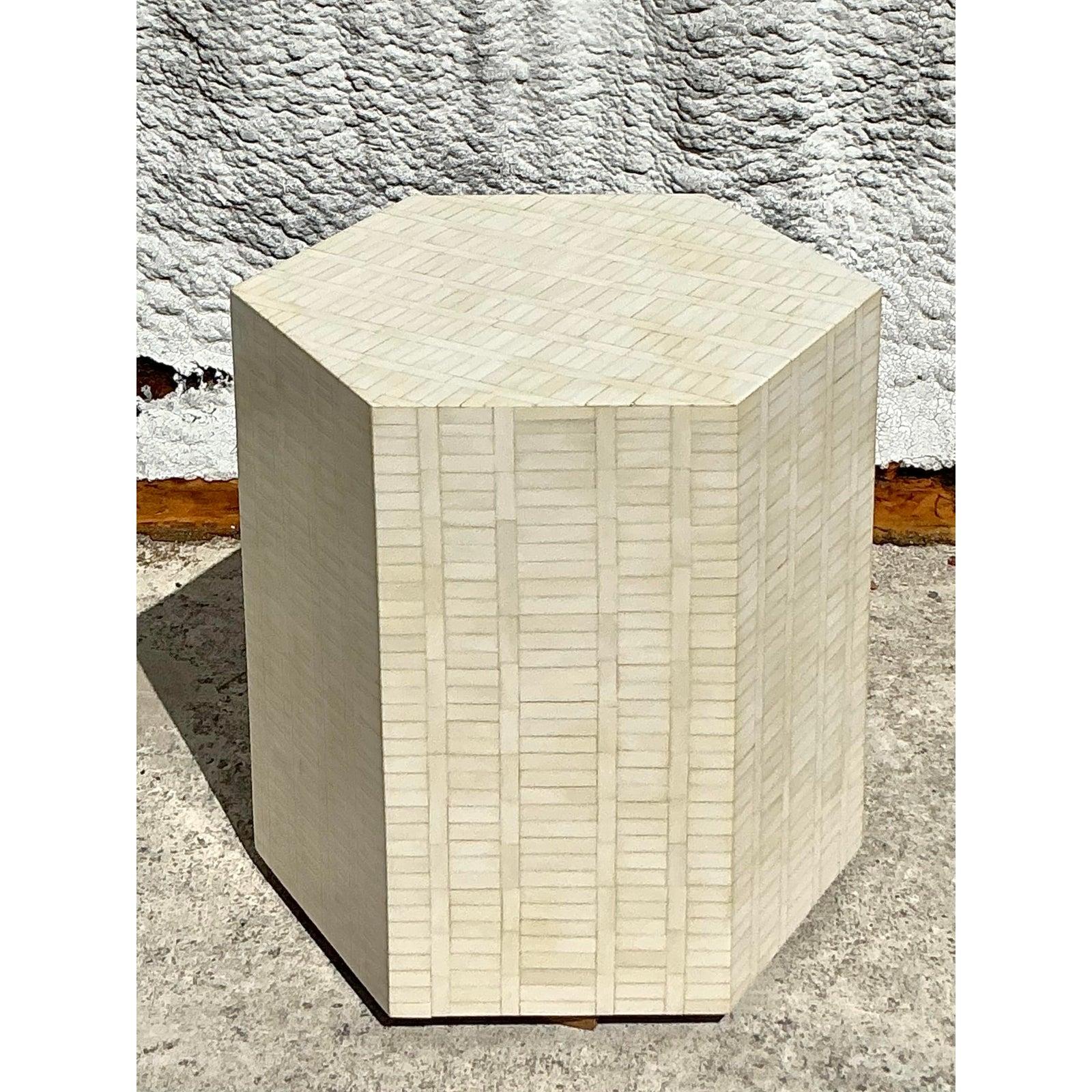 Philippin Vintage Boho Tessellated Bone Side Table en vente