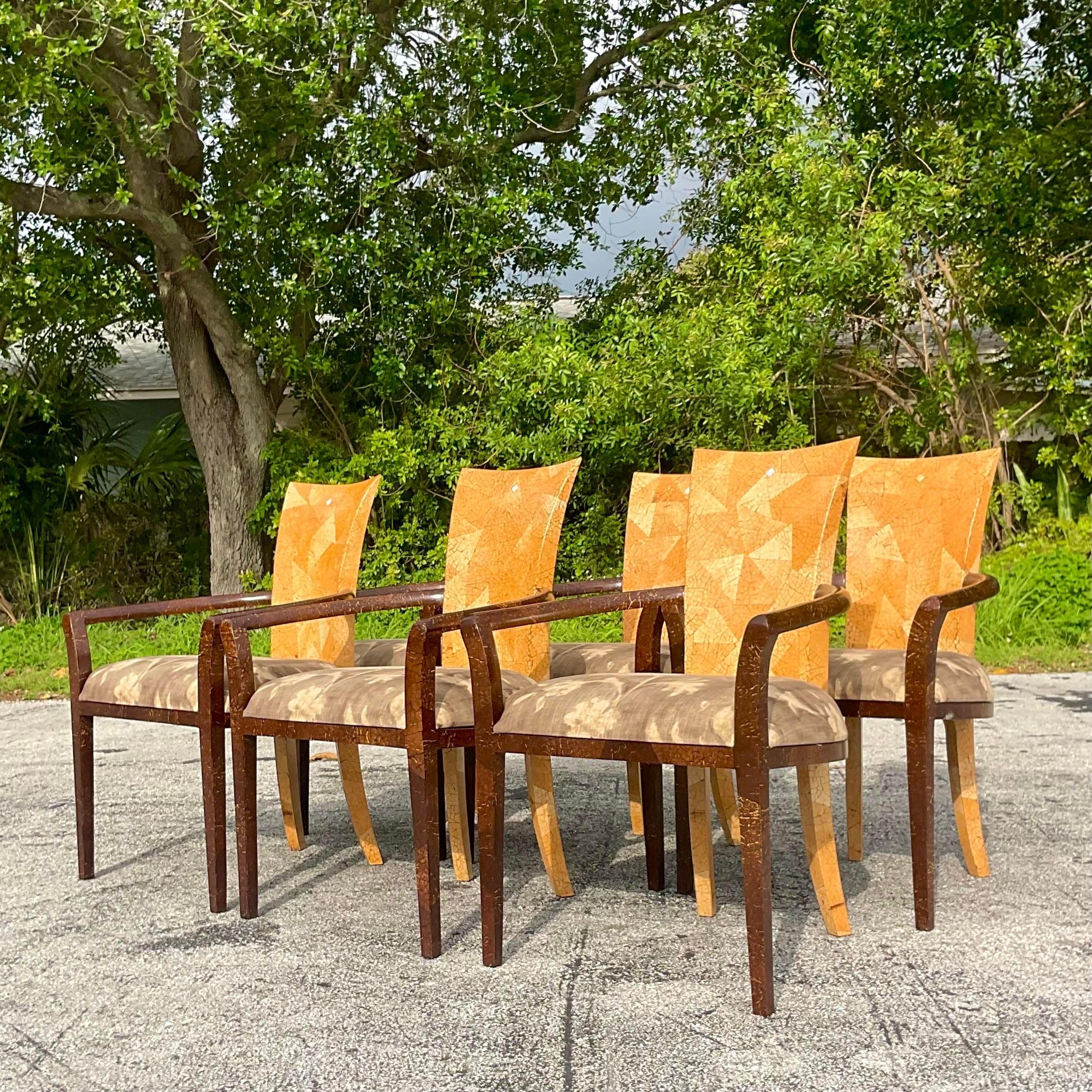 20th Century Vintage Boho Tessellated Coconut Shell Dining Chairs - Set of 6 For Sale