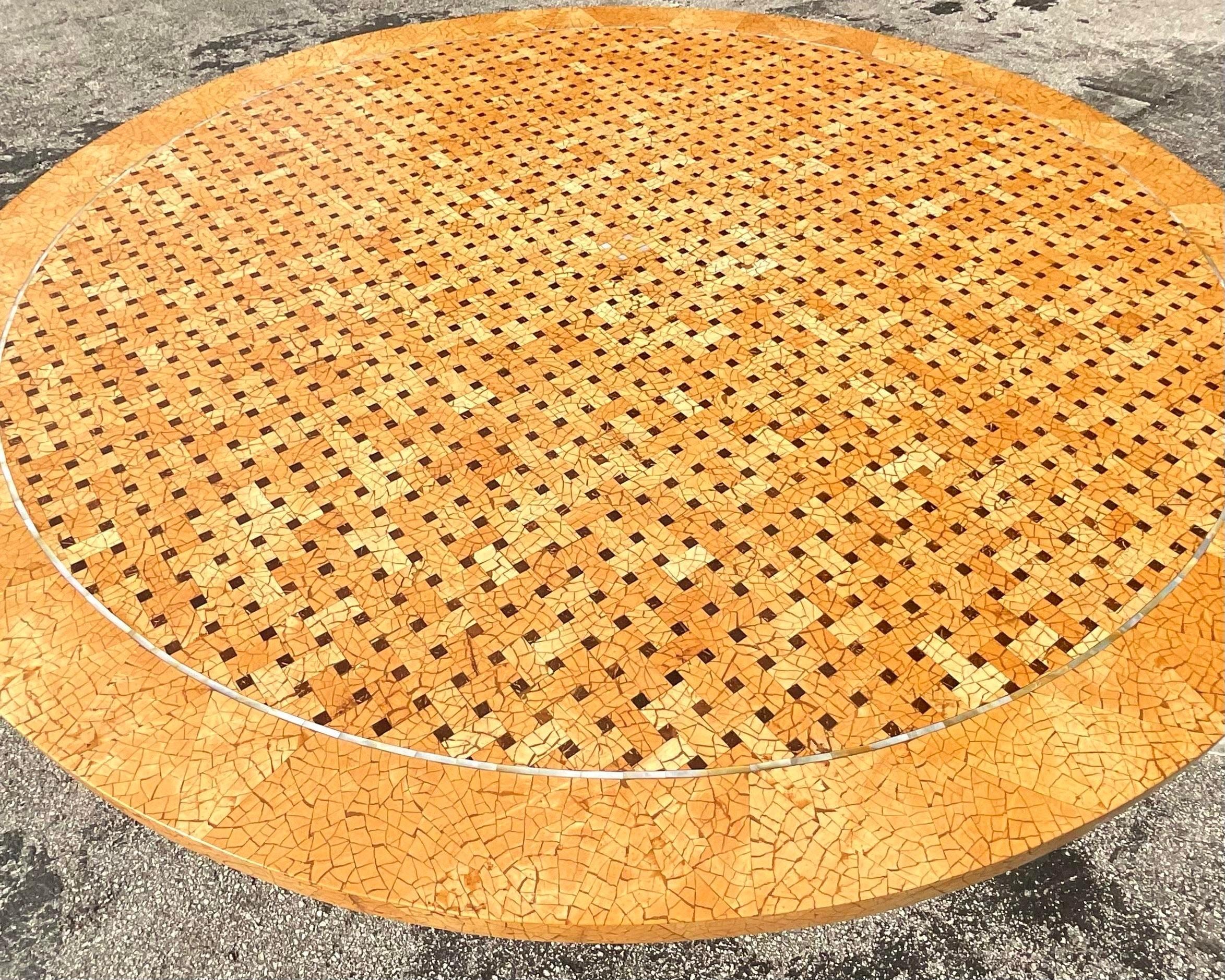 Wood Vintage Boho Tessellated Coconut Shell Dining Table For Sale