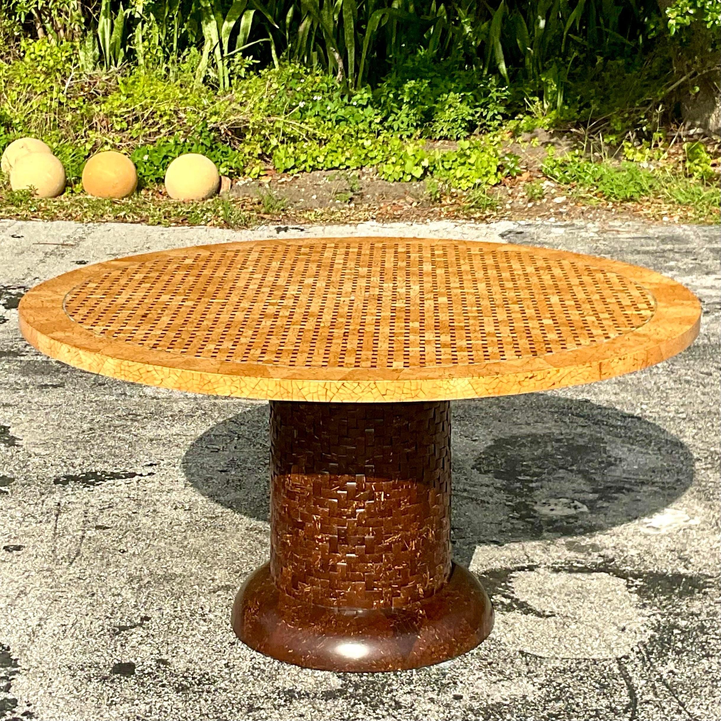 Vintage Boho Tessellated Coconut Shell Dining Table For Sale 1