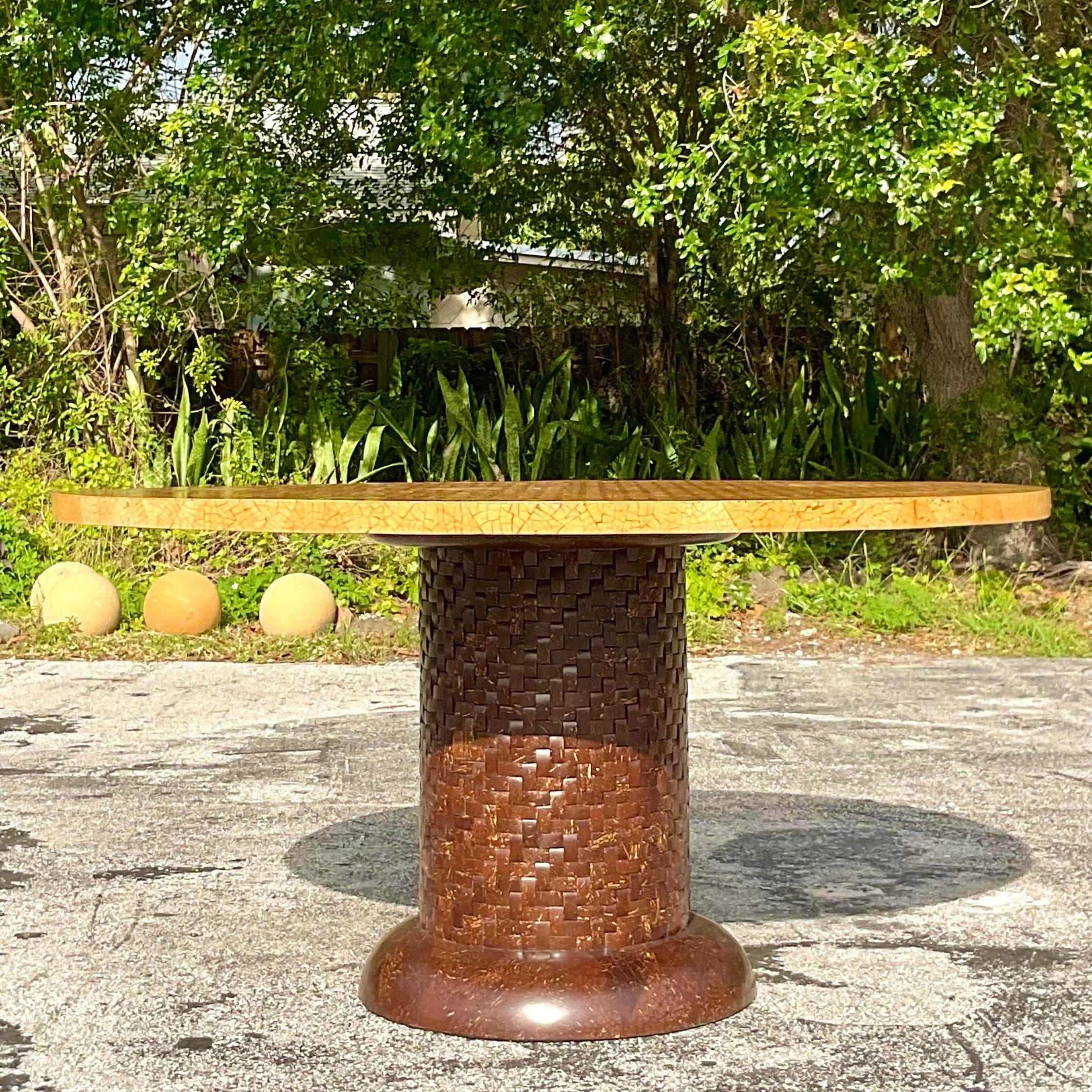 Vintage Boho Tessellated Coconut Shell Dining Table For Sale 2