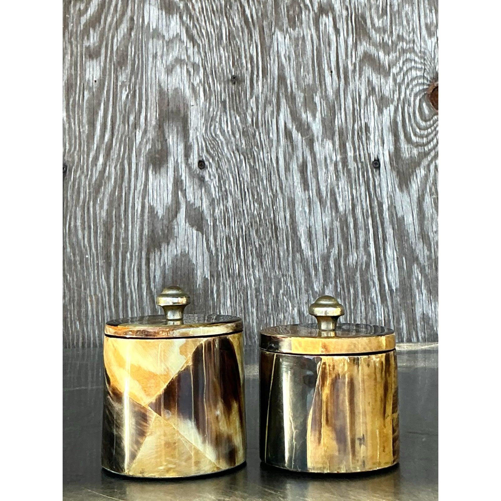 Colombian Vintage Boho Tessellated Horn Canisters - A Pair For Sale