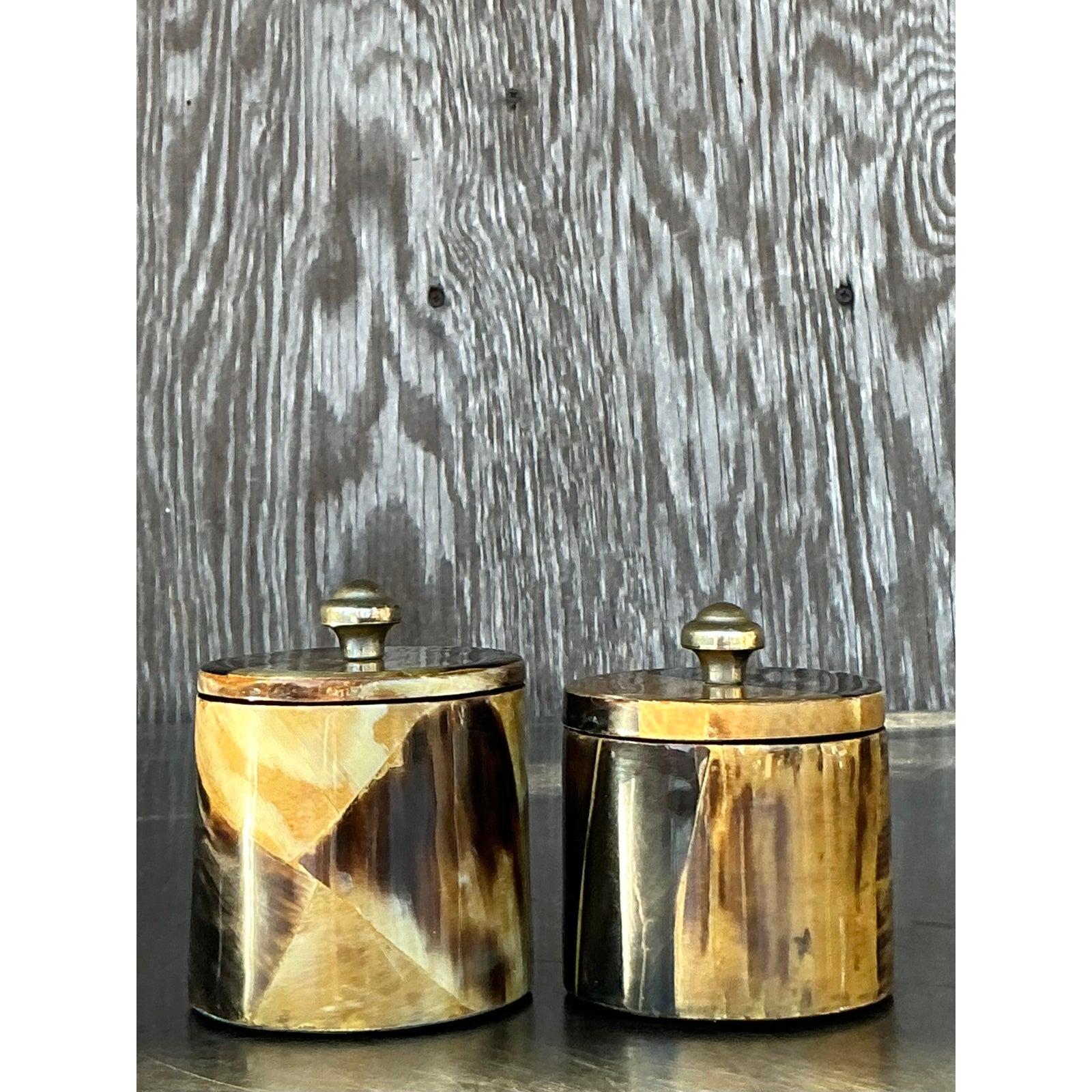 Vintage Boho Tessellated Horn Canisters - A Pair In Good Condition For Sale In West Palm Beach, FL