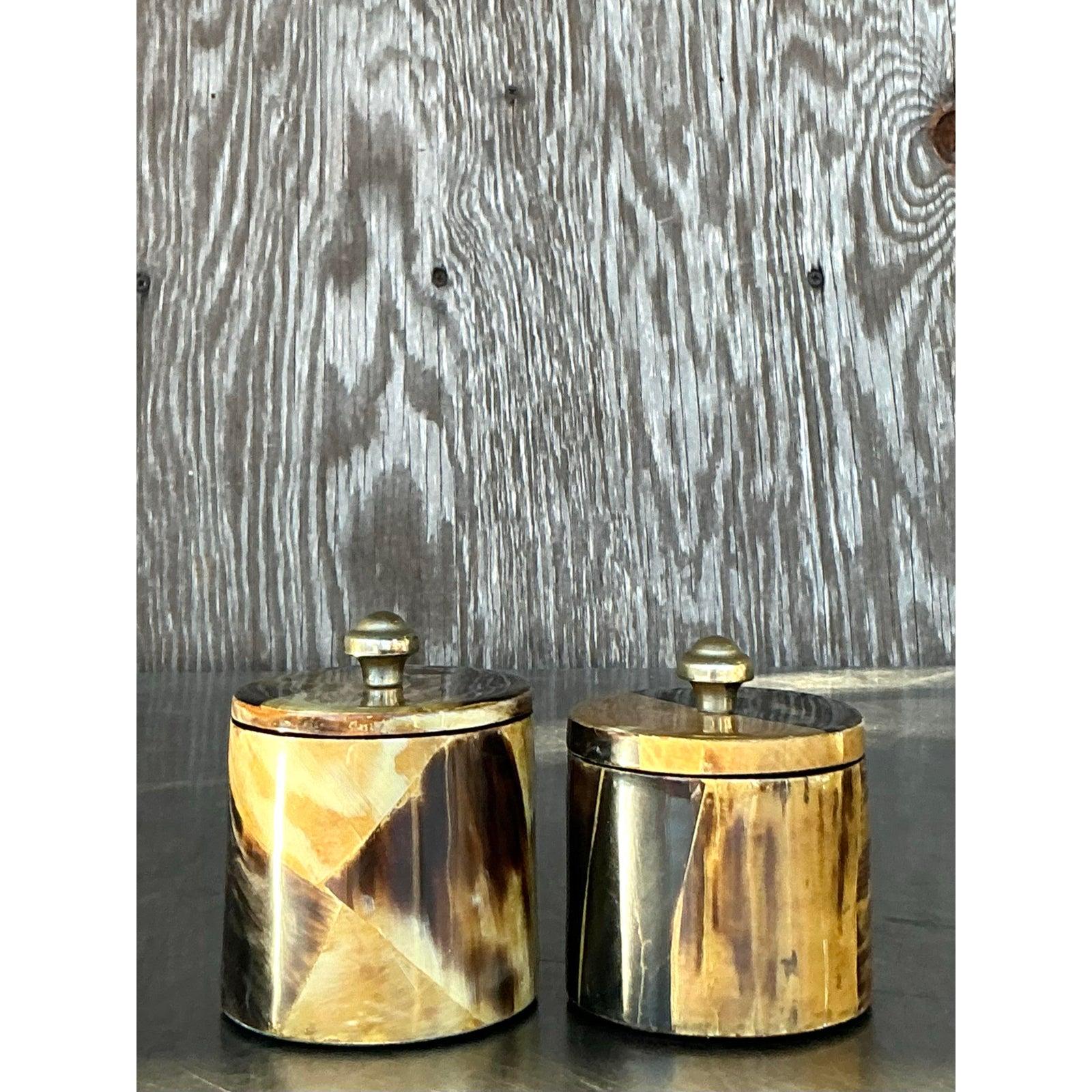 Vintage Boho Tessellated Horn Canisters - A Pair For Sale 1